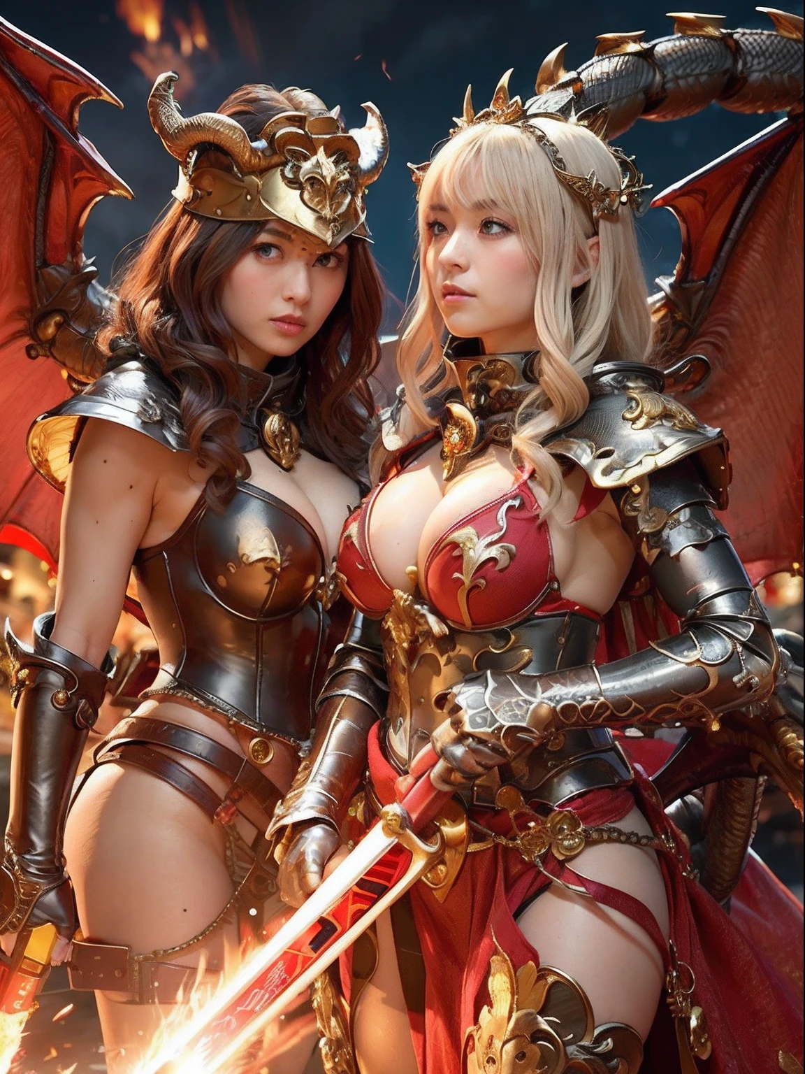 Professional , masterpiece、top-quality、photos realistic , depth of fields 、(Dragon Red Metal Body:1.9),(Matte Red、( of the breast)、 Gold Weapon、(Red Micro Bikini Armor:1.4),Gorgeous gold weapons ,(( Dragon's dense and gorgeous sword)) , (demonic wings)、((a blond))、(Castle background)、((Gangle's forest background))、((Fight dragons))、Beautiful Caucasian beauty、1a person、dynamic ungle,(((Detailed and ornate dragon helmet)))、Smaller head、A smile、Castle background、Thin and beautiful female hands、cleavage of th、Soldier in ironn background、Mystical expression、Light Effects、intense fighting、Wind-effect、magic circles、With the legendary magic wand、Dragon's tail、explosions、