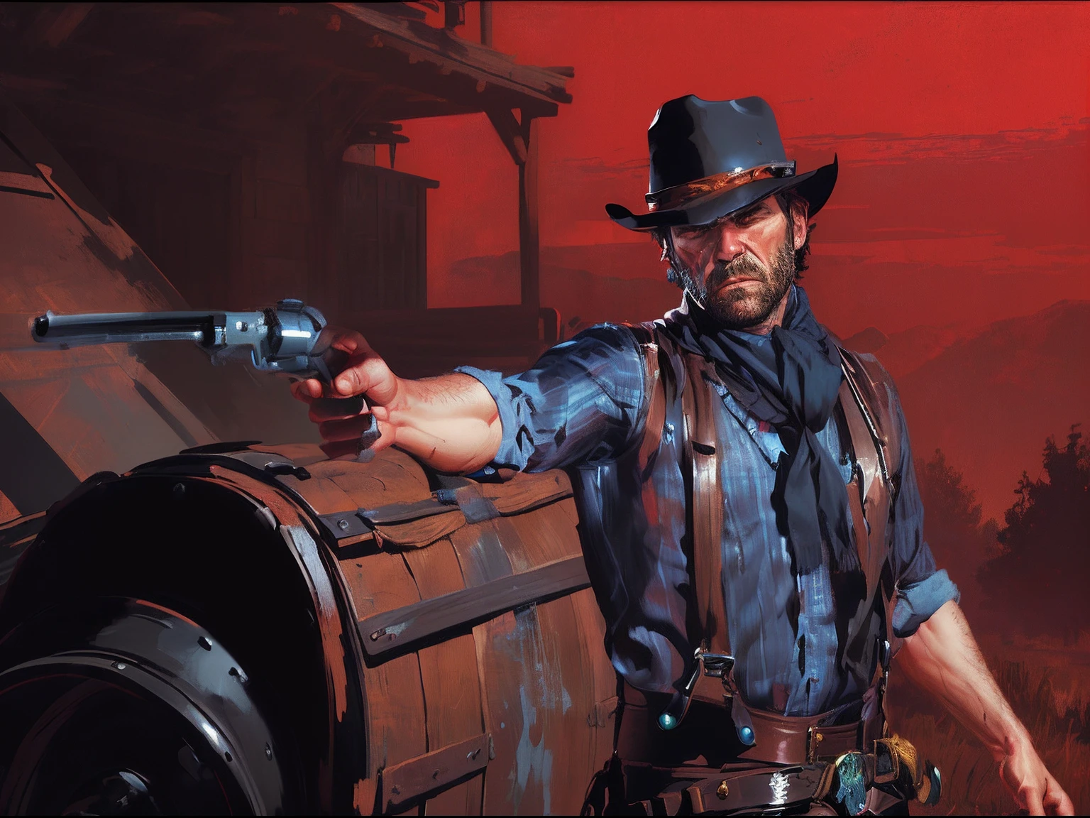 R3DD34Dstyle, digital portrait,  arthur morgan, sad, cowboy hat, black scarf, Black suspenders , blue shirt, Black pants, red sky,