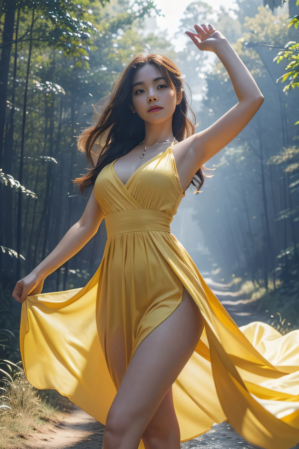 (full bodyesbian:1.),(1girll:1.3),(anatomy correct:1.4),(Dance in the yellow forest:1.2),(Wearing a long dress:1.2),(cabellos largos dorados:1.2),(Accurate and perfect face:1.3),(Long legs:1.5),hyper HD, Ray traching, reflective light, structurally correct, Award-Awarded, High detail, Fade-in and fade-out shadow contrast, Face lighting ,Cinematic lighting, Masterpiece, super detailing, High quality, High detail, Best quality, 16k,High contrast,