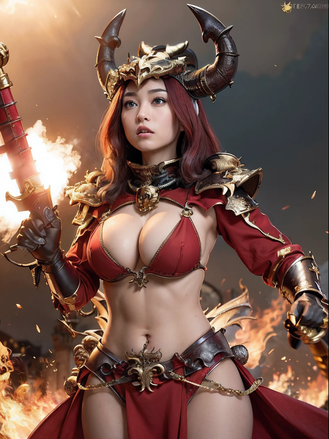 Professional , ​masterpiece、top-quality、photos realistic , depth of fields 、（Dragon Red Metal Body:1.９),(Matte Red、（cleavage of the breast）、Dragon Gold Weapon、（Red Micro Bikini Armor:1.４),Gorgeous gold weapons ,（（ Dragon's dense and gorgeous sword）） , （demonic wings）、（（a blond））、（Castle background）、（（Gangle's forest background））、（（Fight dragons））、Beautiful Caucasian beauty、１a person、dynamic ungle,(((Detailed and ornate dragon helmet)))、Smaller head、A smile、Castle background、Thin and beautiful female hands、cleavage of the breast、Soldier in iron armor on background、Mystical expression、Light Effects、intense fighting、Wind-effect、magic circles、With the legendary magic wand、Dragon's tail、explosions、