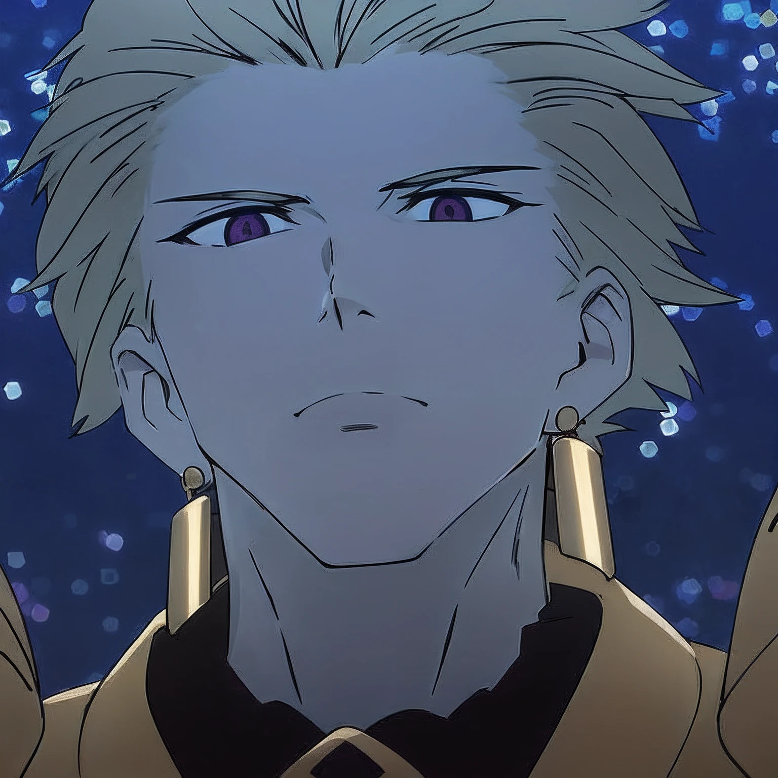 anime character with blonde hair and blue eyes in front of a blue background, gilgamesh, handsome guy in demon slayer art, in the anime film, nagito komaeda, joe biden as an anime villain, xqc, hajime yatate, key anime visuals, today's featured anime still, beautiful androgynous prince, it has a piercing gaze, high quality, 3d, solo, hero