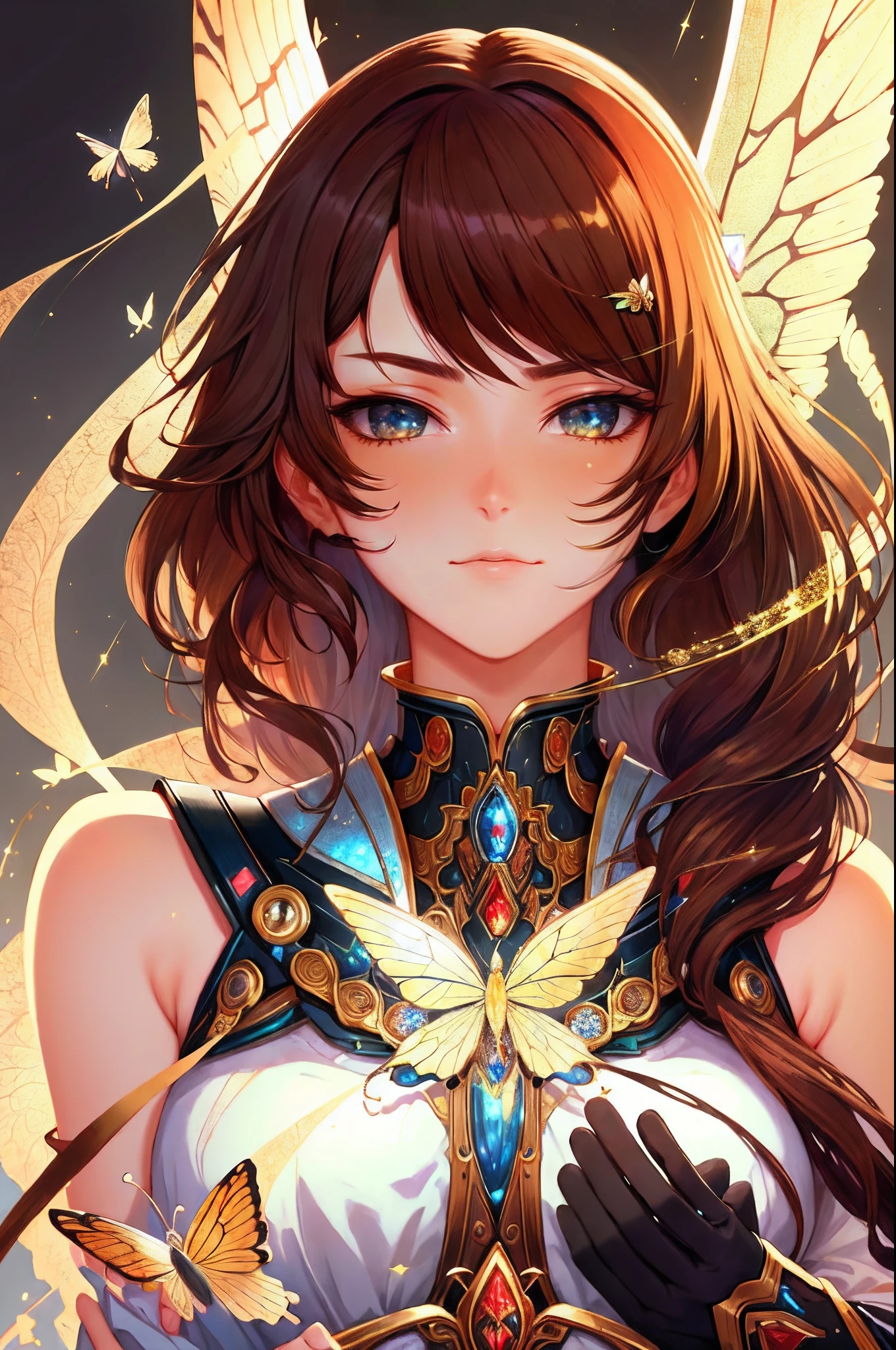 8k portrait of beautiful cyborg with brown hair, intricate, elegant, highly detailed, majestic, digital photography, art by artgerm and ruan jia and greg rutkowski surreal painting gold butterfly filigree, broken glass, (masterpiece, sidelighting, finely detailed beautiful eyes: 1.2), hdr, Prompt yoinked from Dreamshaper 6, please support Lykon <3