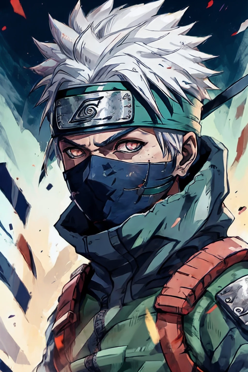 Kakashi, 1st grade, sozinho, Foco masculino, brilhar, olhos vermelhos, heterochromatic, looking up at the audience, olhos brilhantes, Cicatrizes, Ninjas, olhos brilhantes, cicatrizes no rosto, raio