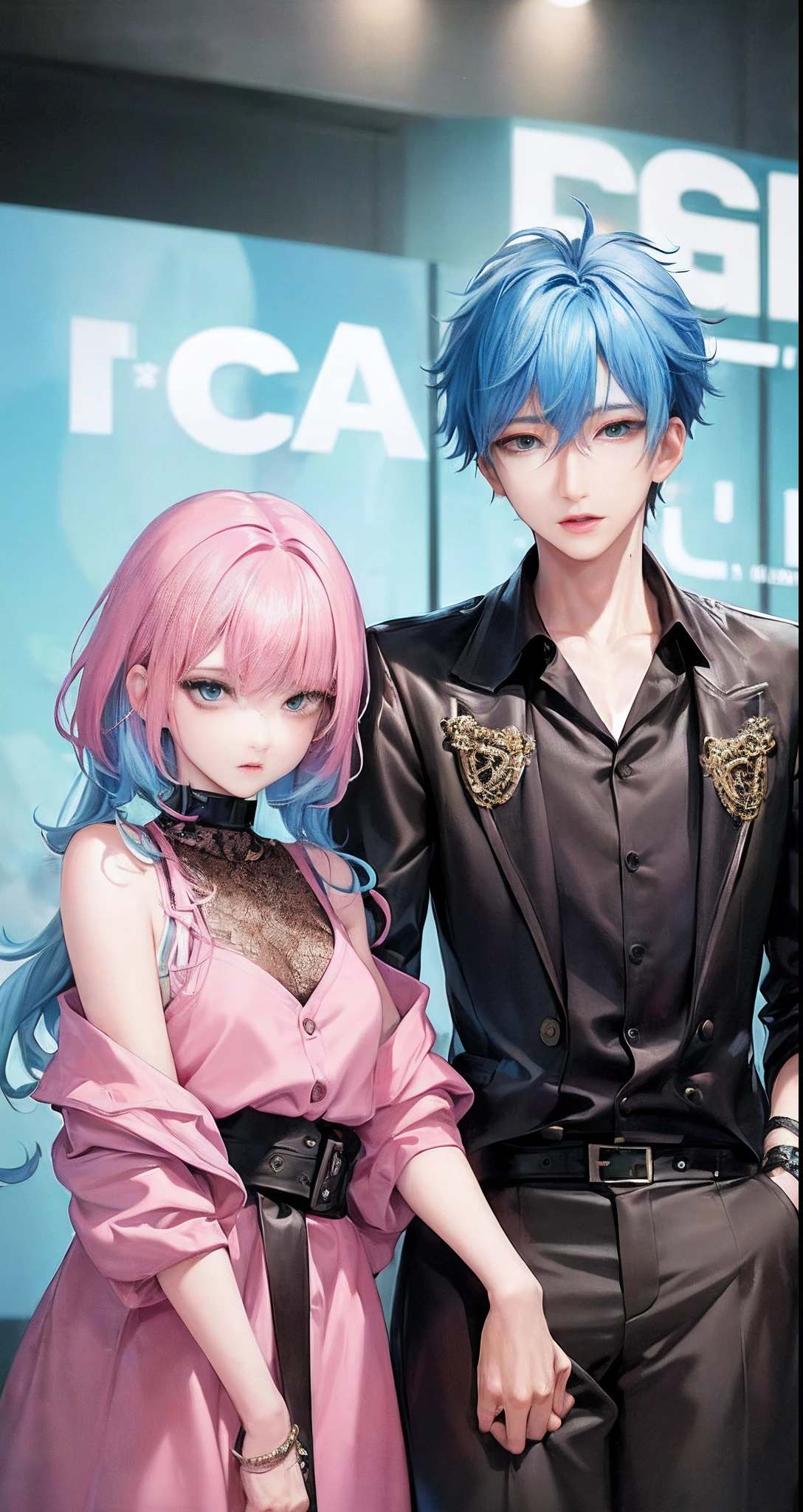 ((Male and female couples)), window, Idol Photos, Magazine covers, Photos of actors, Professional Photos, Height difference, tall male, Happiness, youthfulness, extra detailed face, detailed punk hair, very detailed character, inspired by Sim Sa-jeong, Cai Xukun's, detailed realistic faces, highly detailed realistic face, high detailed face anime, realistic detailed face, Accurate detailed face, attractive androgynous humanoid, Cool Korean fashion in black, ((With a man with light blue hair)), ((Woman with pink hair)), ((Woman with long hair below waist)), ((Man with short hair over ears)), ((Pink hair woman with gentle expression)), ((Man with light blue hair with wild expression)), high-level image quality, masterpiece, Photographed so that the whole body can be seen, Photographed to make clothes look beautiful, Take your eyes off, ((two individuals)), ((British couple))