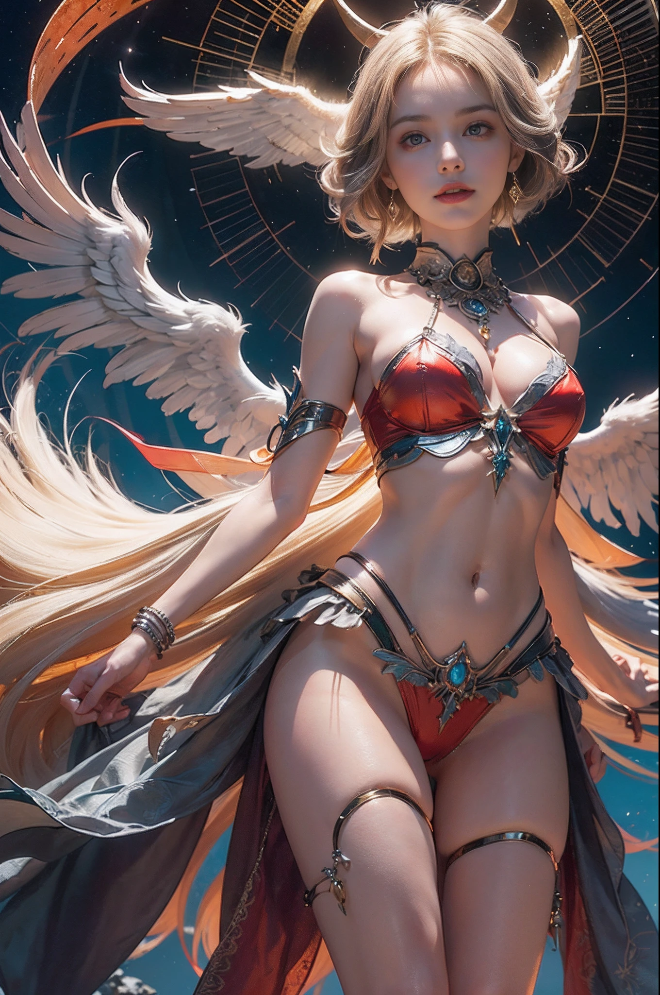 (number々Award-winning masterpieces of, with incredible detail, textures and maximum detail), (full-body standing image:1.8), (Hyper realistic:1.4), (Upper Body Up:0.3), (Realistic:1.3), (Top quality real texture skins), (fine perfectly symmetrical eyes), (Beautiful face drawn in detail), (Decadent images: 1.5), (Aesthetic image: 1.5), (Lewd and seductive images:1.2), ((medieval world)), ((The Lord's Black Devil)), ((The Lord's White Devil)), (icy look in the eye), (She has a mischievous smile on her face), (Eyes that glow red in the dark:1.5), (Many demons dancing in the background), (Dramatic light), (A majestic sight), (Her countenance is gentle and beautiful, however、Somehow horrible), ((Large wings with feathers behind shoulders)), (Folded wings), Glass earrings on the ears, (full-body standing image:1.8), (((dramatic photography))), (Twilight), (Sunset), (Dusk), (Seduction poses), (dramatic pose), (Golden hair), (Silver hair), (Chestnut hair), short cut hair, ((full-length portrait)), ((looks up)), ((Looking down)), (Around her neck is a simple necklace of exquisite workmanship), (Swirling flames), (Swirling lightning), (Swirling ice and snow), (full-body standing image:1.8), Old ruins infested with plants, great temple, great cathedral, temple ruins, detached temple, Luminous magic circle, Ruins of an ancient castle, Deserted ruins, crumbling ruins, Ancient ruins with clear water, wavelets, flowingwater, Shining majestic cloud masses and sky, lightning bolt, Epic Realistic, ((Neutral colors)), (nffsw:1.5), (Muted colors:1.2), Hyper Detailed, Cinematic, Warm lights, Dramatic light, (Intricate details:1.1), Complex background,