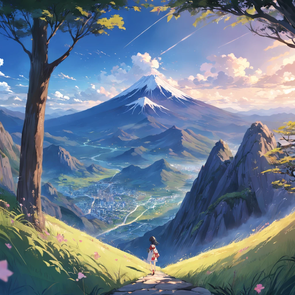(Excelente qualidade de imagem、melhor qualidade:Pinnacle computer desktop wallpaper, Detailed depictions of the mountainous landscape are seen from the computer windows,Destaque uma flor desenhada artisticamente em um ambiente de aprendizagem,The style is similar to Japanese anime。)
