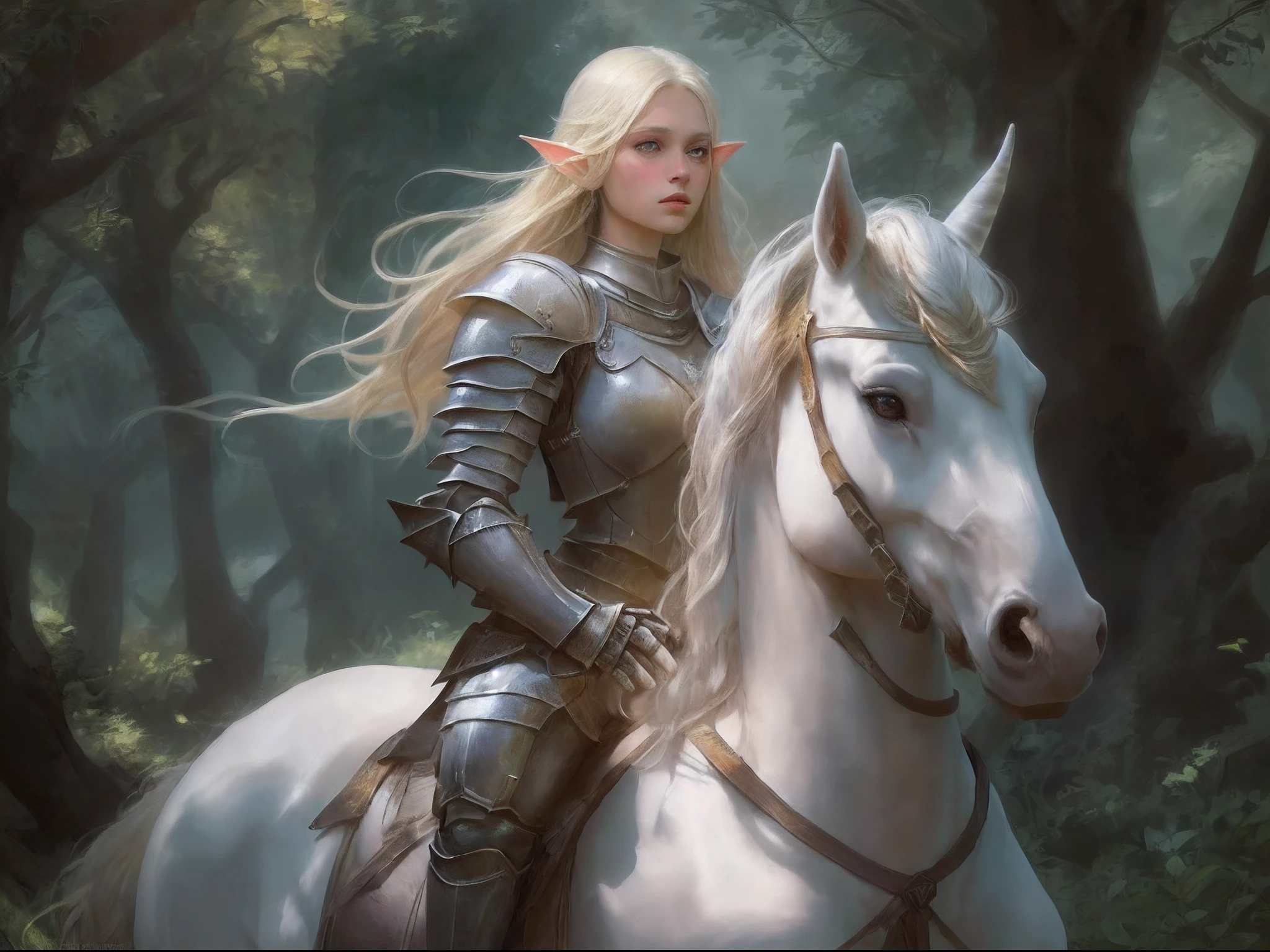 a illustration of a beautiful female elf knight riding a unicorn in the forest, female elf knight, extremely beautiful female elf (best details, Masterpiece, best quality: 1.5), ultra feminine, ultra detailed face (best details, Masterpiece, best quality: 1.5), determined face, ready for war, blond hair, long hair, wavy hair, dynamic eyes color, armed with a long sword, wearing leather armor, elven armor (best details, Masterpiece, best quality: 1.5), white unicorn,  fantasy forest and some clouds in the background, fantasy art dnd art, RPG art magv1ll, Ultra-Wide Angle, high detail, award winning, best quality, HD, 16K, high details, best quality, absurd highres, ultra wide angle, photorealistic, ultra realistic [[anatomically correct]], high details, best quality, 16k, [ultra detailed], masterpiece, best quality, (extremely detailed), ultra wide shot, photorealistic,