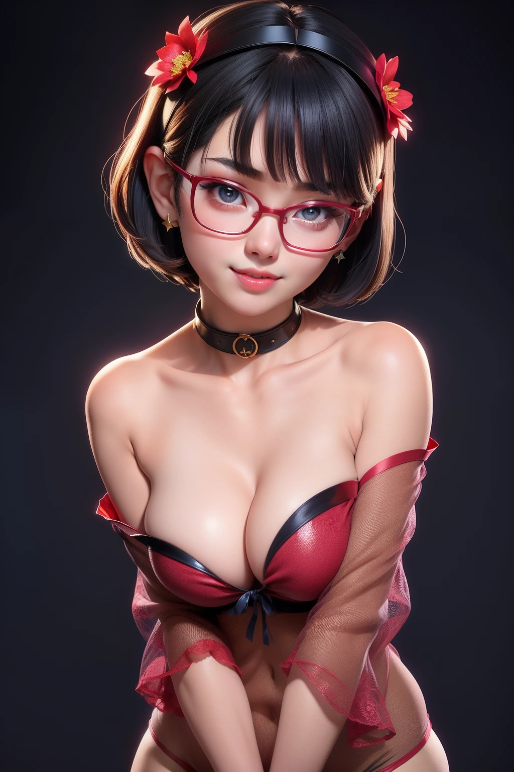 1girl, cute japanese girl, big eyes, sensual face, seductive smile, solo, short hair, open clothes, see through clothes, , flower headband, collar, collarbone, red sensual lips, off shoulder, perfect round breast, small breast, cleavage, underboobs, erotic, nsfw, glasses, blush, seductive smile, cute face, looking at viewer, sexy pose, blue background, dark black hair, simple background, sexy pose, bright yellow eyes, lips, closed mouth, ribbon, hair ribbon, stellar earings, bangs, upper body, parted bangs, red ribbon