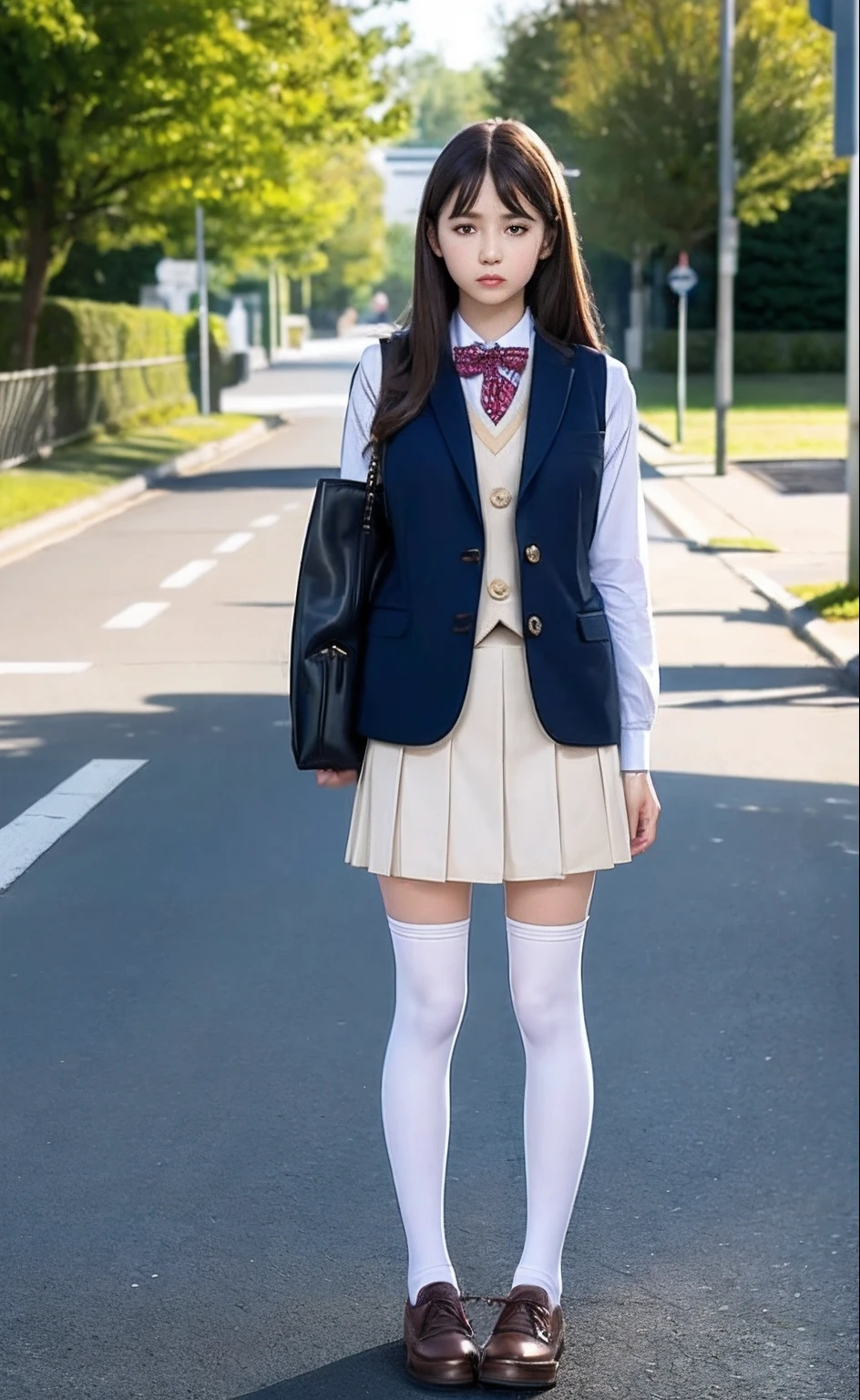 1girl, (looking at viewer), (bokeh:1.1), parted lips, expressionless, realistic, standing, white school uniform with vest, long straight hair, very short skirt, school shoes with white long socks above knees until tights, school accros the side road, best quality, (photorealistic:1.4), ultra highres, full body