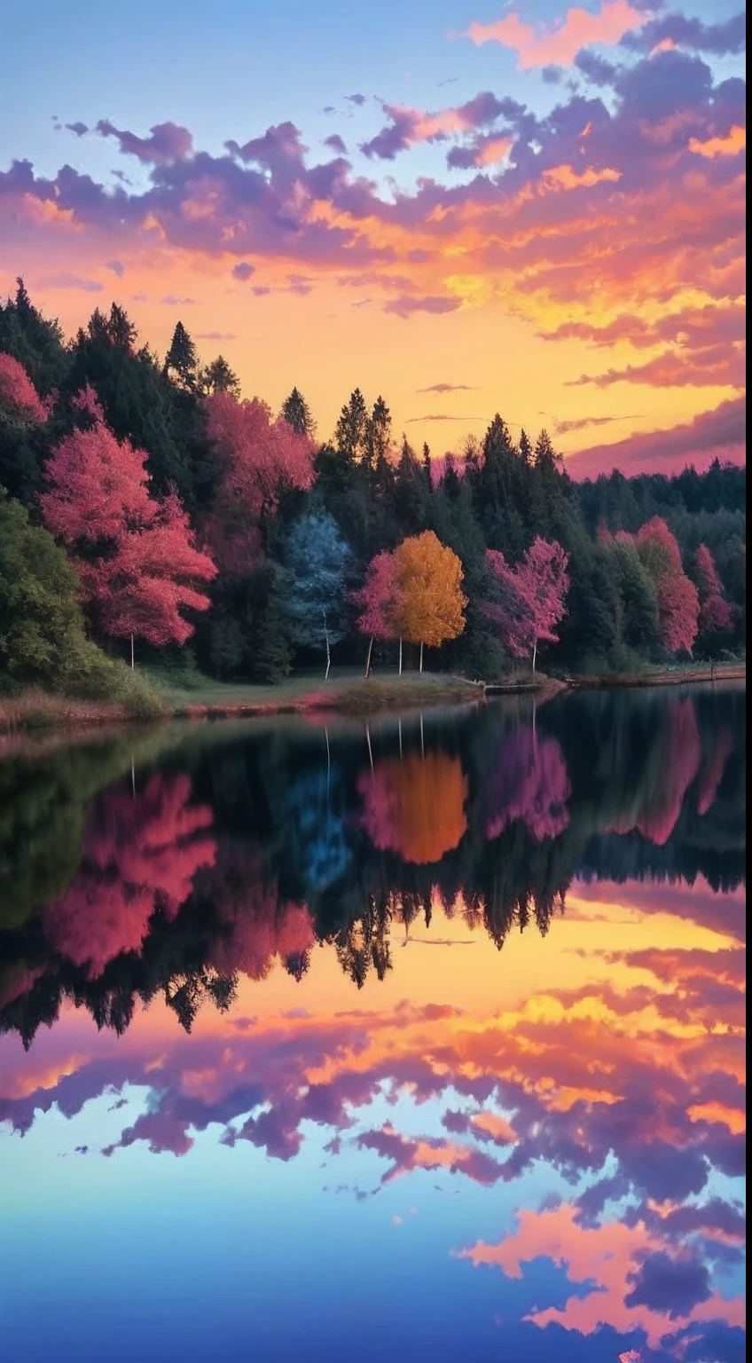 there is a beautiful sunset with a lake and trees in the background, colorful skies, surreal colors, colorful sunset, colorful sky, marvellous reflection of the sky, stunning sky, dream like atmosphere 8k, colorful clouds, colors reflecting on lake, surreal sky, red and blue reflections, fire reflection, beautiful sky, beautiful and spectacular dusk, beautiful dreamy landscape, amazing sky