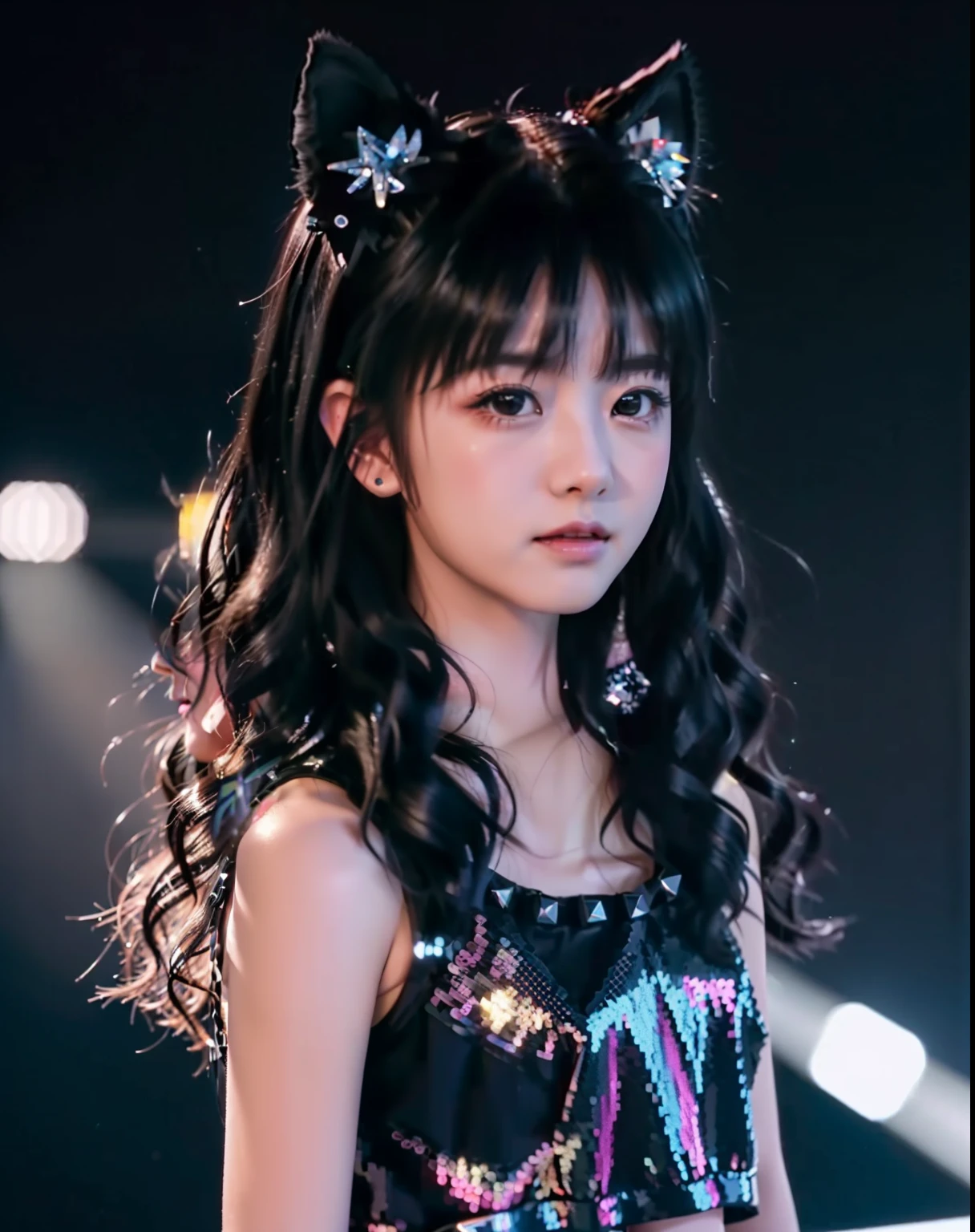 Raw photography、Surreal photo of twin-tailed Japan girl Yui Metal in a black dress in a rainbow sequin costume shimmering with light reflection、Futuristic Gothic style、Black leather and steel studs、Music album covers、Space galaxy in the background、Metal Rock Music Concert、Heavy Metal Style、Pixiv Contest Winner、Precisionism、Official art、hight resolution、uhd image、masterpiece of best quality、Photorealsitic、detaileds、8K、nffsw、Shallow depth of field、Wide light、highly contrast、Dark background of ancient temple、Old stone statue of the fox god、Back lighting、bloom、light glow、chromatic abberation、Sharp Focus、RAW color photo、Film Still、Film-like、bokeh dof、。.。.3D、lighting like a movie、8K resolution、Nikon 85mm、Award-winning、attractive photo、Highly detailed, High Quality Film Grain、full body Esbian、Full of dynamism、Same face as Yuimetal himself