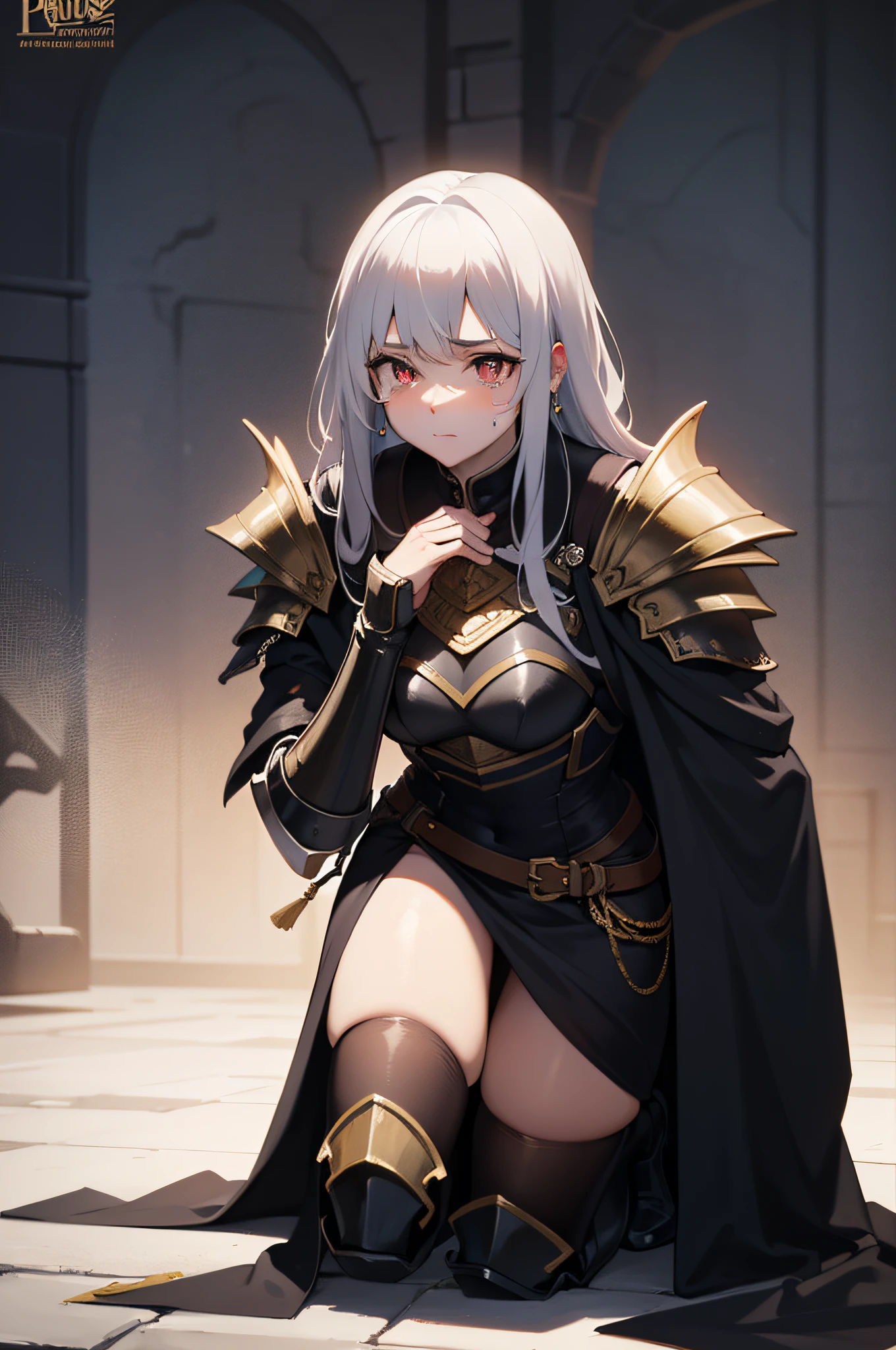 A girl,White hair and red eyes,long whitr hair,Original Character、fantasy concept art、Best shadow、shallowdepthoffield、Portrait of a noble knight、Dignified、Sad expression,streaming tears,Sophisticated tactical heavy armor、Tassel waistband、Hand Guard、Pauline、High quality armor texture,Stand up,Kneel on one knee,overcast day,Snow,(HighestQuali,astonishing detail:1.25),(独奏:1.3),Brilliant and colorful paintings