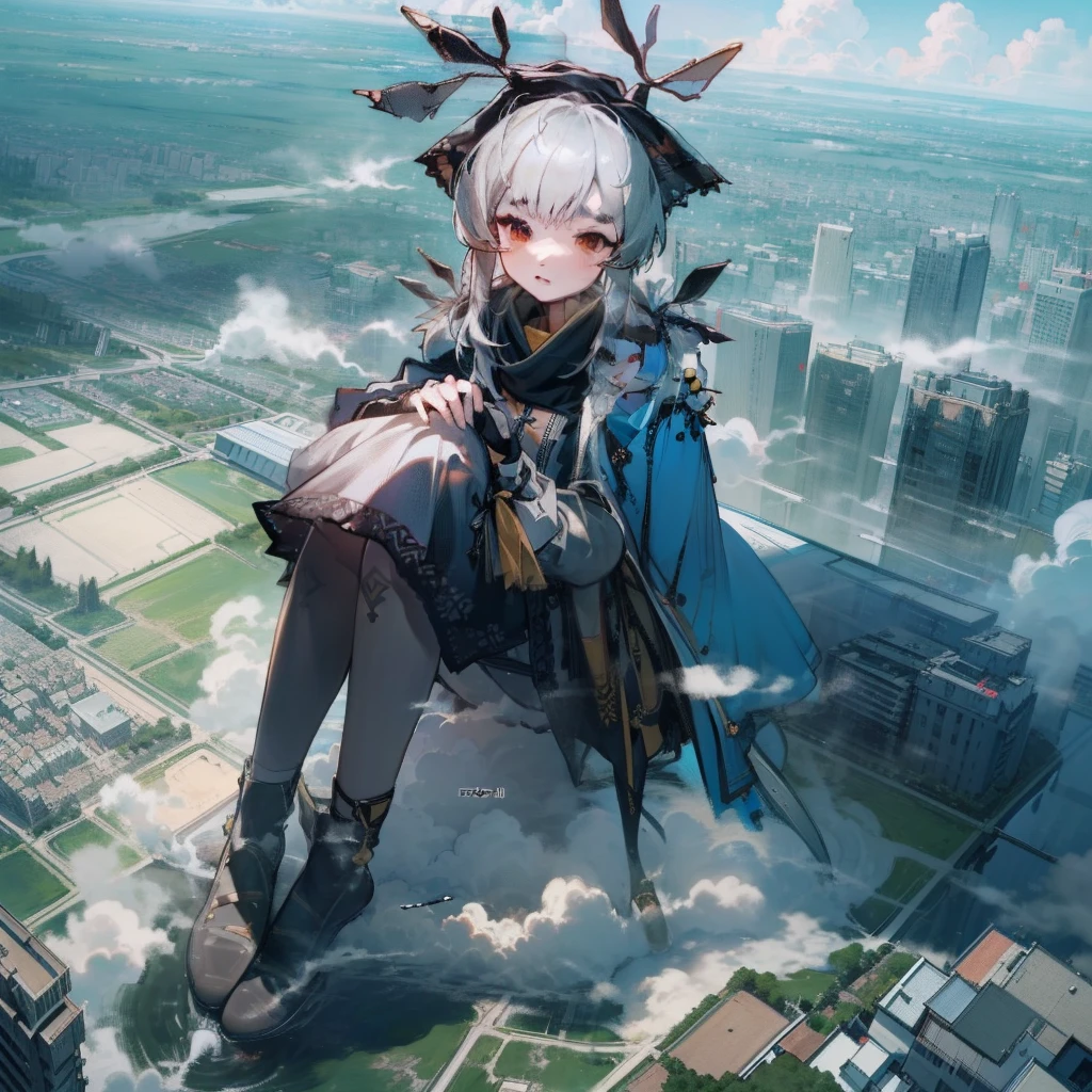 NSFW,Clouds, view over city, Masterpiece, Best quality, Highly detailed,Masterpiece,Best quality,offcial art,Extremely detailed Cg Unity 8K wallpaper,{{{Giantess}}},Giant,1girll,modern miniature city,A cold expression,Sit on a modern miniature city ,The feet emit steam,Smash the city,