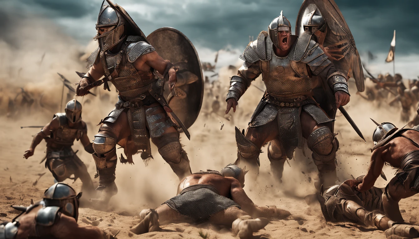 Warriors in metal armor kill Goliath and several soldiers around him with a sling
