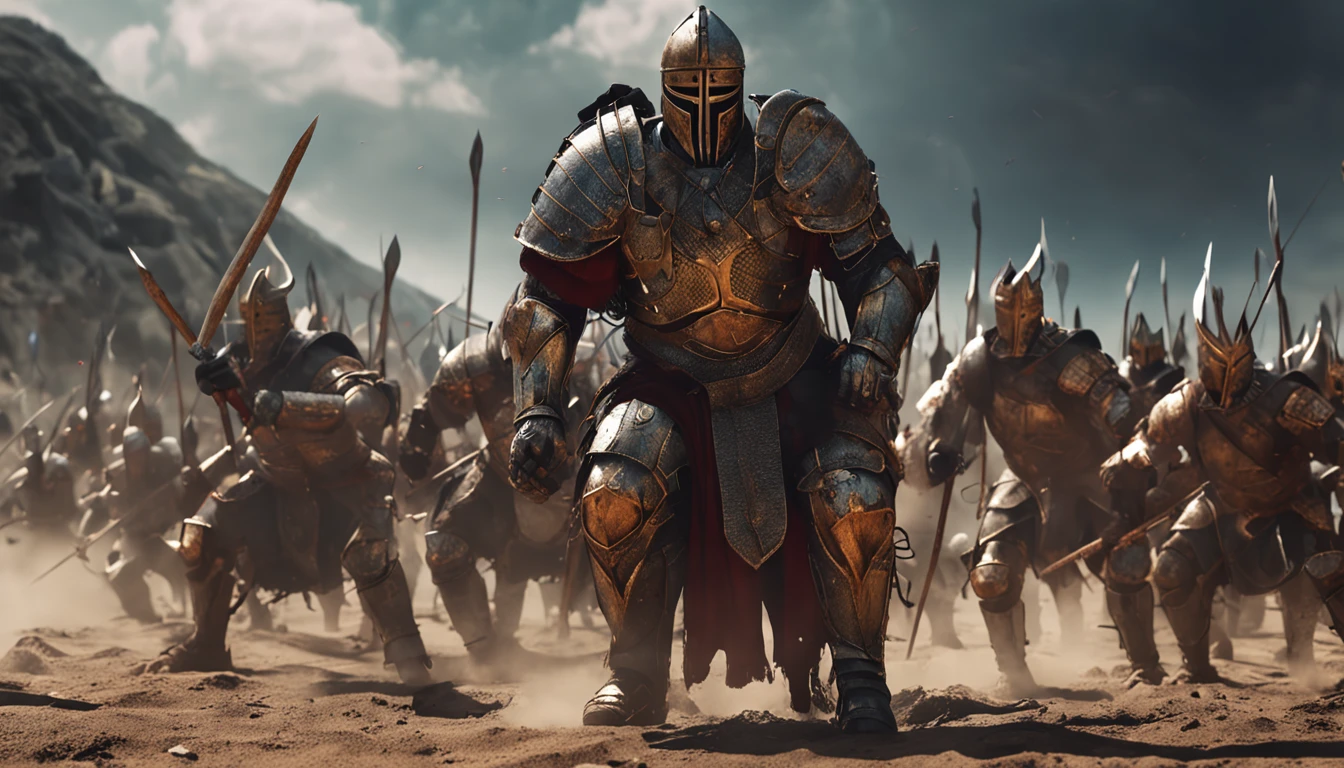 Warriors in metal armor kill Goliath and several soldiers around him with a sling