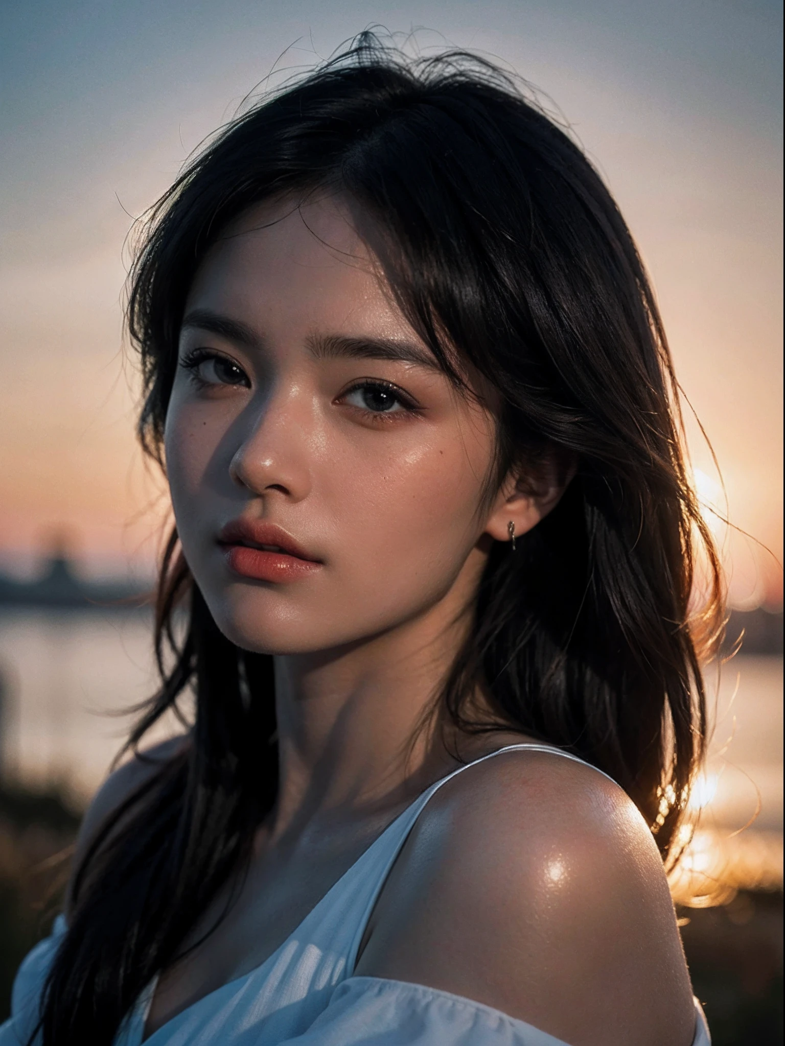 Best quality, masterpiece, ultra high res, (photorealistic:1.4), 1girl, offshoulder, deep shadow, detailed face, detailed eyes, shiny skin, sunset