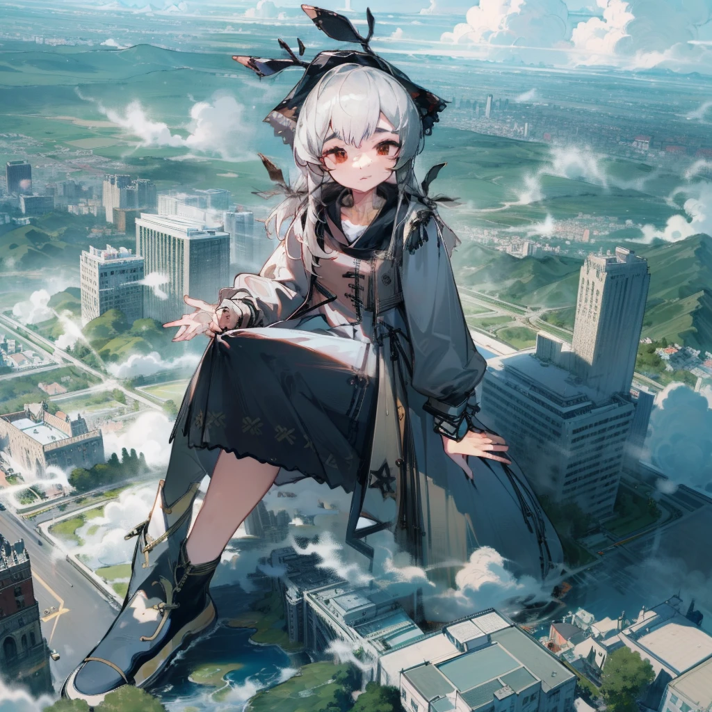 NSFW，Clouds， view over city， Masterpiece, Best quality, Highly detailed,Masterpiece,Best quality,offcial art,Extremely detailed Cg Unity 8K wallpaper，{{{Giantess}}}，Giant，1girll，modern miniature city，A cold expression，Sit on a modern miniature city ，The feet emit steam，Smash the city，