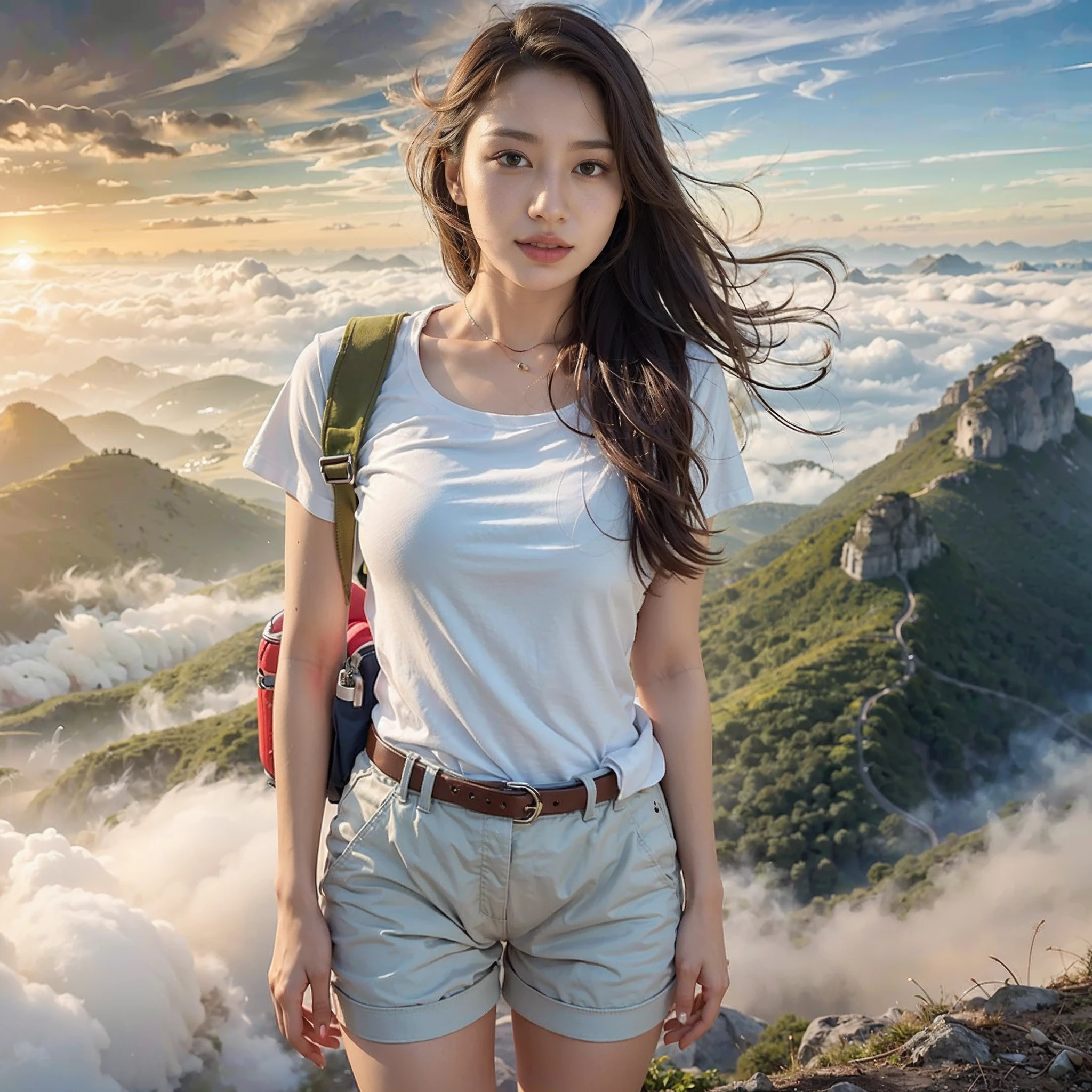 (Best quality, hyper realistic photography), Magnificent peaks, Sea of clouds, A woman watching the sunset, self-shot, ((Upper body)), White T-Shirts, Hiking shorts, trekking boots, rucksack,  (Super delicate face, Super beautiful production, hyper detail eyes, Super delicate nose, Super delicate mouth, Ultra-detailed facial features), Beautuful Women, 18yr old