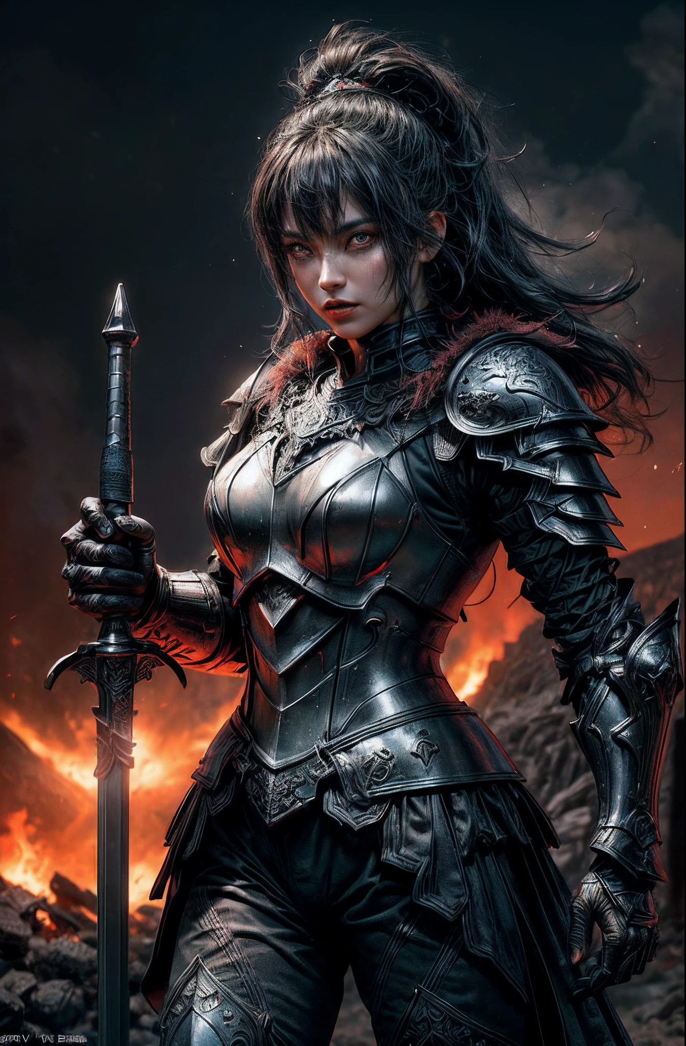 (master part, high resolution, .cgi:1.4), (renderizado .cgi de um guerreiro medieval vestido com armadura de cavaleiro da peste negra:1.2), (Sony Alpha 1 camera, conhecido por capturar detalhes excepcionais em .cgi:1.2), ( emparelhado com o Sony FE 24-70mm f/2.8 GM lenses for a dynamic and striking composition: 1.2), (The warrior dressed in a formidable high-tech black armor with neon lighting intricate to the details, Exuding strength and power: 1.1) , (seu capacete com luzes vermelhas intensas brilhantes nas aberturas dos olhos, emitindo uma aura de perigo: 1.2), (Sony Alpha 1 camera capturing the intricate details of luminous neon in black armor and burning landscape: 1.2), (the warrior's eyes hidden behind the bright red light, adding the air of mystery: 1.2), (his firm grip on the hilt of a mythical sword, Pronto para a batalha: 1.1), (the huge sword adorned with mythical runes with intricate bright lights and sculptures exuding pure energy that vaporizes in the air, hinting at its historical past: 1.1), (Standing on a desolate volcanic terrain, with lava flows and smoke in the background: 1.1), (the fiery landscape reflecting the fierce and unyielding nature of the warrior: 1.1), (Foco na Espada), (the rendering .CGI Creating a Larger-than-Life Presence for the Death Knight: 1.1), (An image that captures the essence of a powerful and fearsome medieval warrior in a hostile and unforgiving environment: 1.1), (.High-resolution CGI ensuring all intricate luminous details, From the armor of the warrior to the volcanic landscape, is meticulously rendered: 1.1), cinemactic, hiper-detalhado, detalhe insano, cores lindamente graduadas, Motor irreal, DOF, Super-Resolution, Megapixel, Post-processing, post - production, Mapeamento de tons, .cgi, VFX, SFX, Insanamente detalhado e intrincado, Hiper maximalista, hyper realistic, volumetric, fotorrealista, ultra fotorrealista, ultra detalhado, detalhes intrincados, 8k, super de