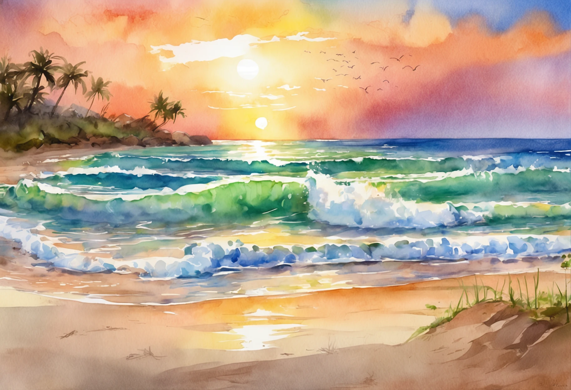 Pixar-style minimalist vector image of a beautiful tropical island sunrise, a secluded beach with small waves splashing softly on the beach, and an open view of a calm emerald ocean, the sun breaking the horizon with rays of rainbow colors softly permeating the sky