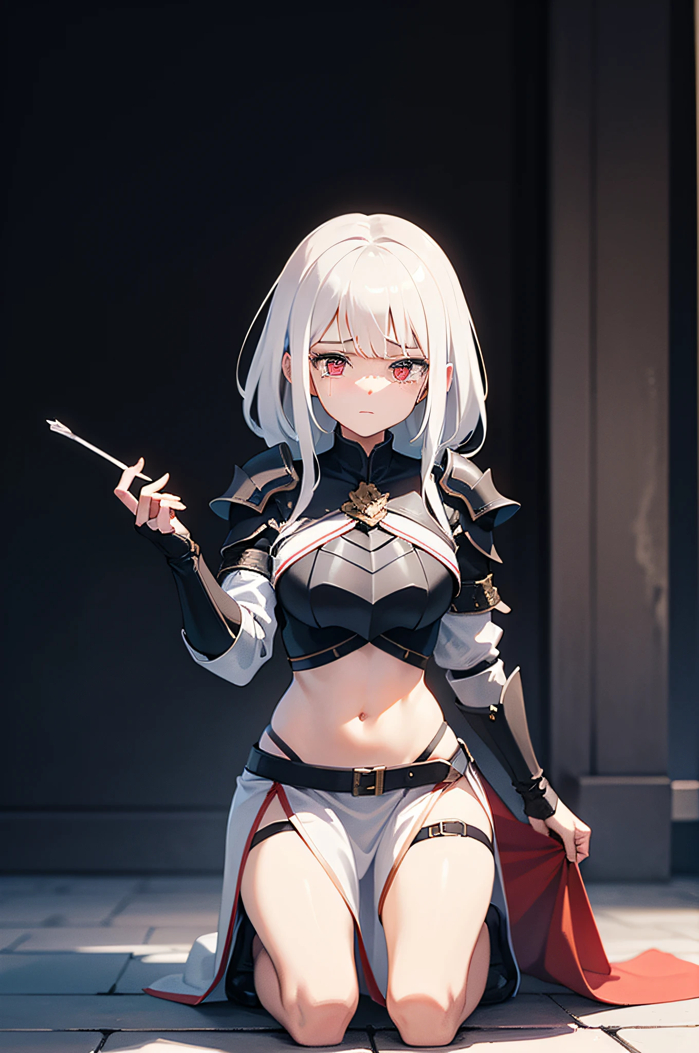 A girl,White hair and red eyes,long whitr hair,Original Character、fantasy concept art、Best shadow、shallowdepthoffield、Portrait of a noble knight、Dignified、Sad expression,streaming tears,Sophisticated tactical heavy armor、Tassel waistband、Hand Guard、Pauline、High quality armor texture,Stand up,Kneel on one knee,overcast day,Snow,(HighestQuali,astonishing detail:1.25),(独奏:1.3),Brilliant and colorful paintings