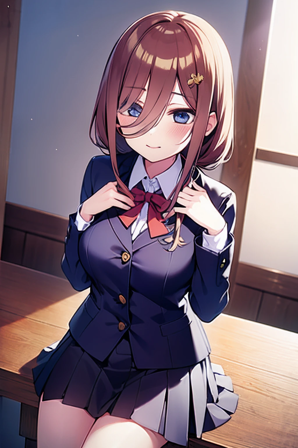 mirai kasuga (million live), (best quality, 8K, masterpiece, ultra detailed:1.2), a female, 16yo, solo, red ribbon tie, navy blue blazer, gray pleated skirt, (body shot), small breasts, half open mouth,5 finger,look down