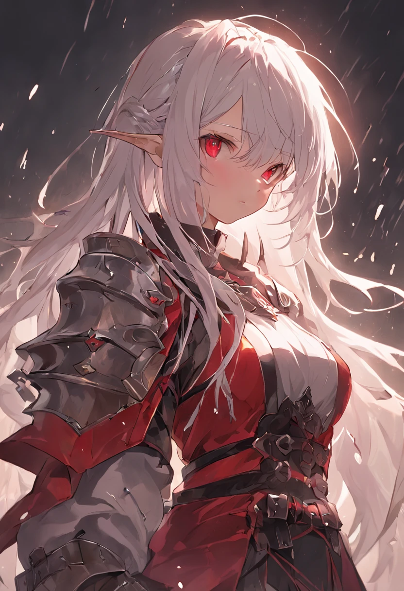 A teenage girl，White hair and red eyes，long whitr hair，Original Character、fantasy concept art、Best shadow、shallowdepthoffield、Portrait of a noble knight、Dignified、Sad expression，streaming tears，Sophisticated tactical heavy armor、Tassel waistband、Hand Guard、Pauline、High quality armor texture，Stand up，Kneel on one knee，overcast day，Snow，（HighestQuali，astonishing detail：1.25），（独奏：1.3），Brilliant and colorful paintings