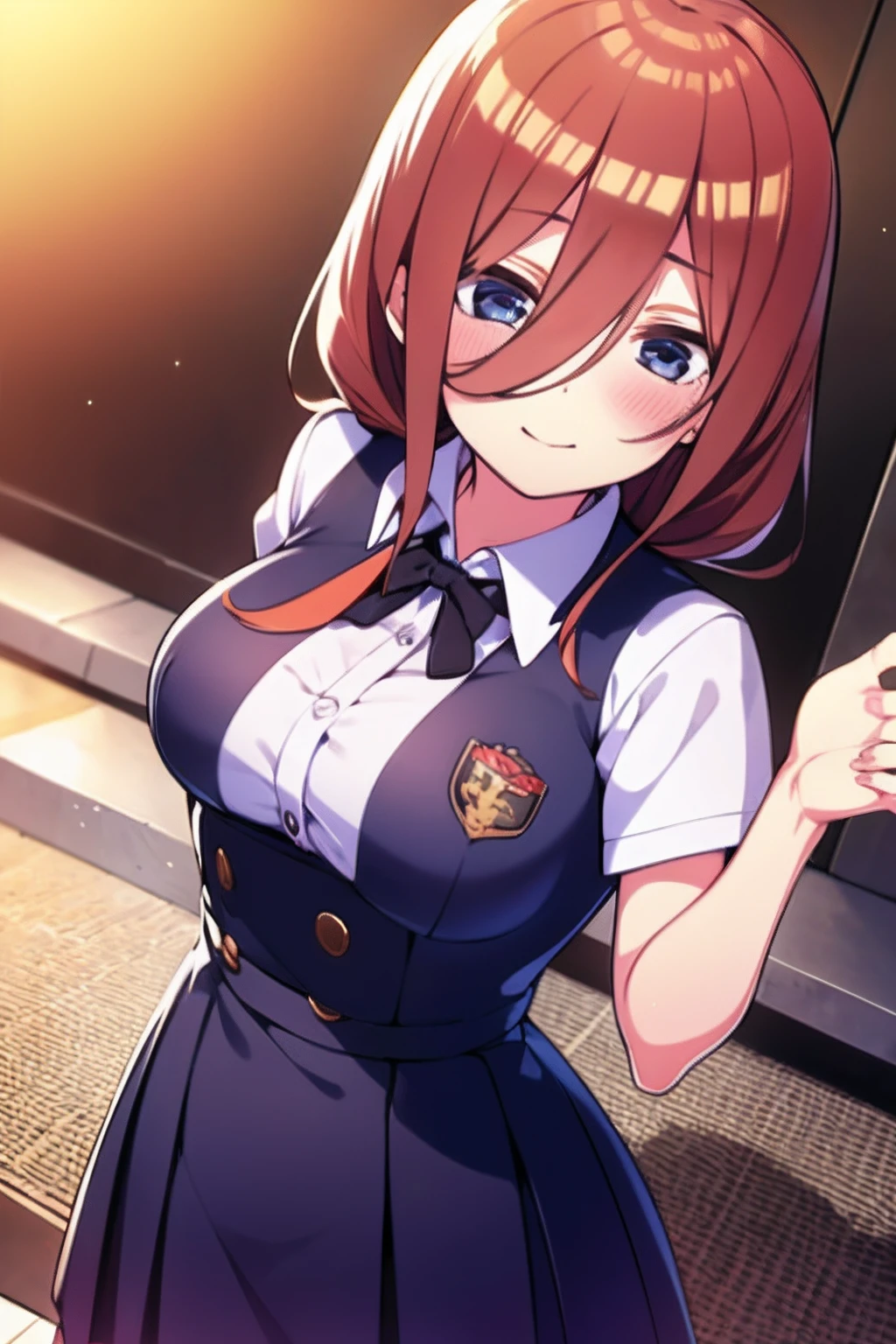 Miku Nakano、top-quality、An ultra-high picture quality、1a person、Wearing school uniforms、White blouses、a short skirt、Upper body only、high-angle、