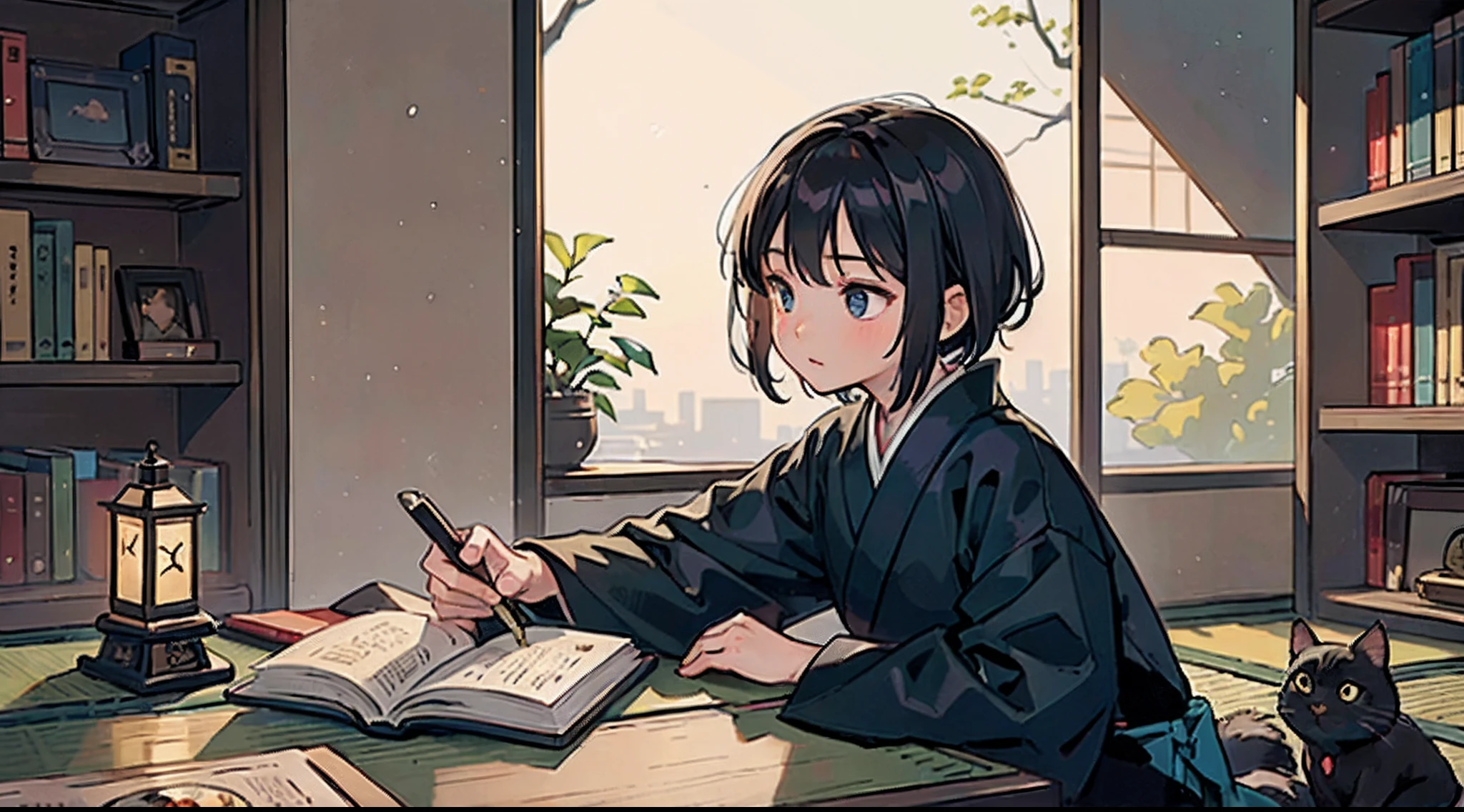 #Quality (intricate-detail、ultra-detailliert:1.2,Masterpiece,cinematic shot),
#night sky (darkness of night,no light),
#one writing boy (16 male、writer,Honor Students、A dark-haired、short-hair、hakama,sit flat),
#black room at night (no light,black cat,books on desk,one candle,pretty tatami,a lot of books,bookshelf)