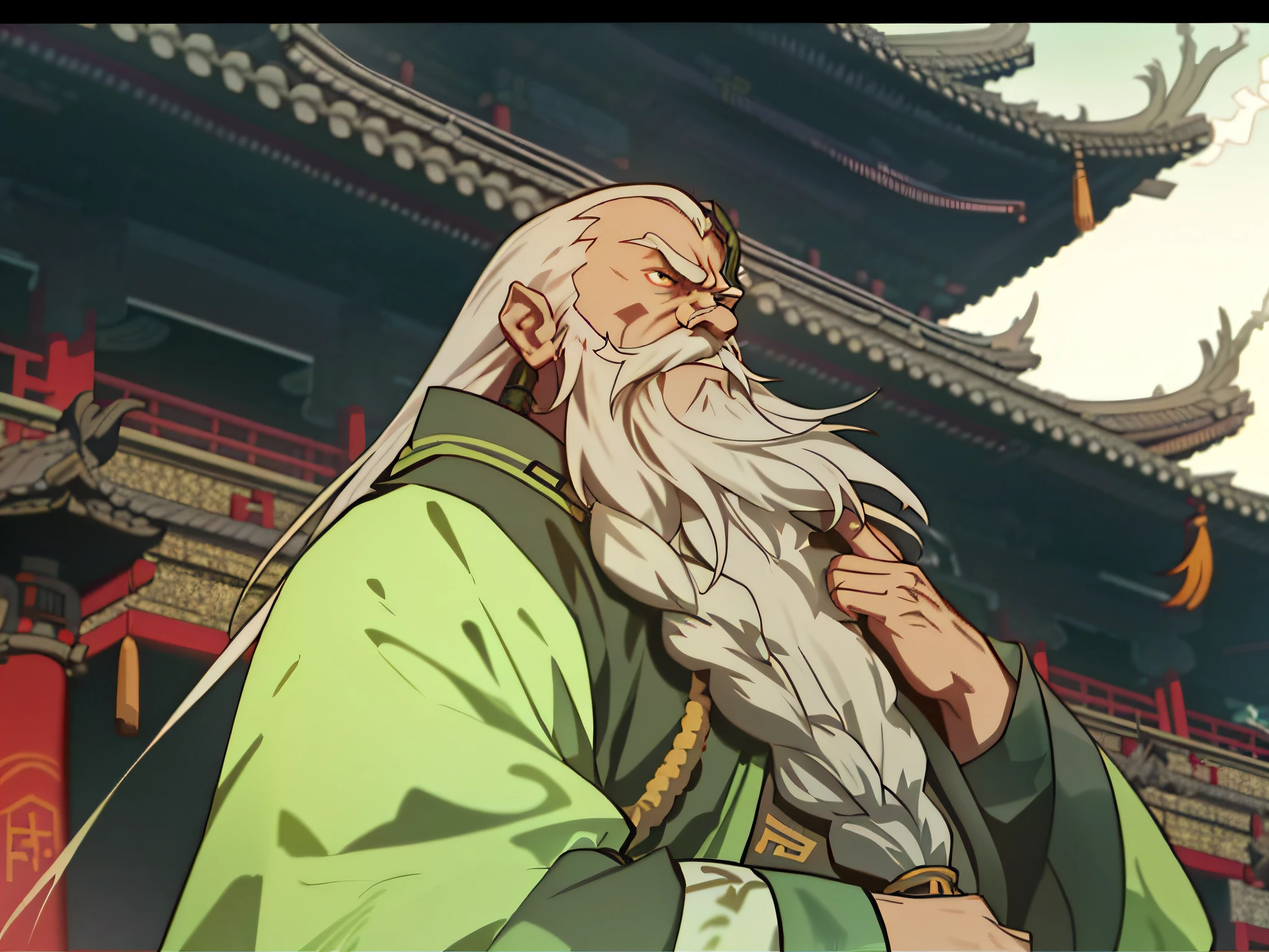 Close-up of a man with a long white beard and a green shirt, guilty gear strive graphics, Guan yu, Keqing from Genshin Impact, Onmyoji detailed art, Inspired by Huang Shen, Inspired by Hu Zaobin, saints ( valorant ), zhongli from genshin impact, krenz cushart and wenjun lin