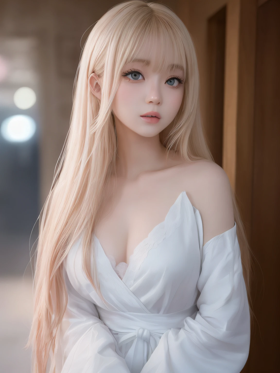 The most beautiful natural blonde hair in the world、bright expression、beautiful bangs、Super Long Straight Hair、Beautiful, clear and bright light blue eyes、Clear white wet dressing gown、European youth、perfect bodies、ultimate beauty girl、The cutest face in the world、The most beautiful 17 year old girl in the world、White shiny skin、Perfect beautiful face、Bright makeup、Thin pink lips、1 girl in、Unbuttoned shirt、lipsticks、Colored inner hair、Deceptive advertising、{steams}、Audience view、Golden hour lighting、comic strip、Bokeh atmosphere perspective、detaileds、Movie light、intricately details、A high resolution、 Detailed features of the facial design、high detal、Clear focus、Smoothness、Aesthetics、high detal、Printed、octane、{{tmasterpiece}}