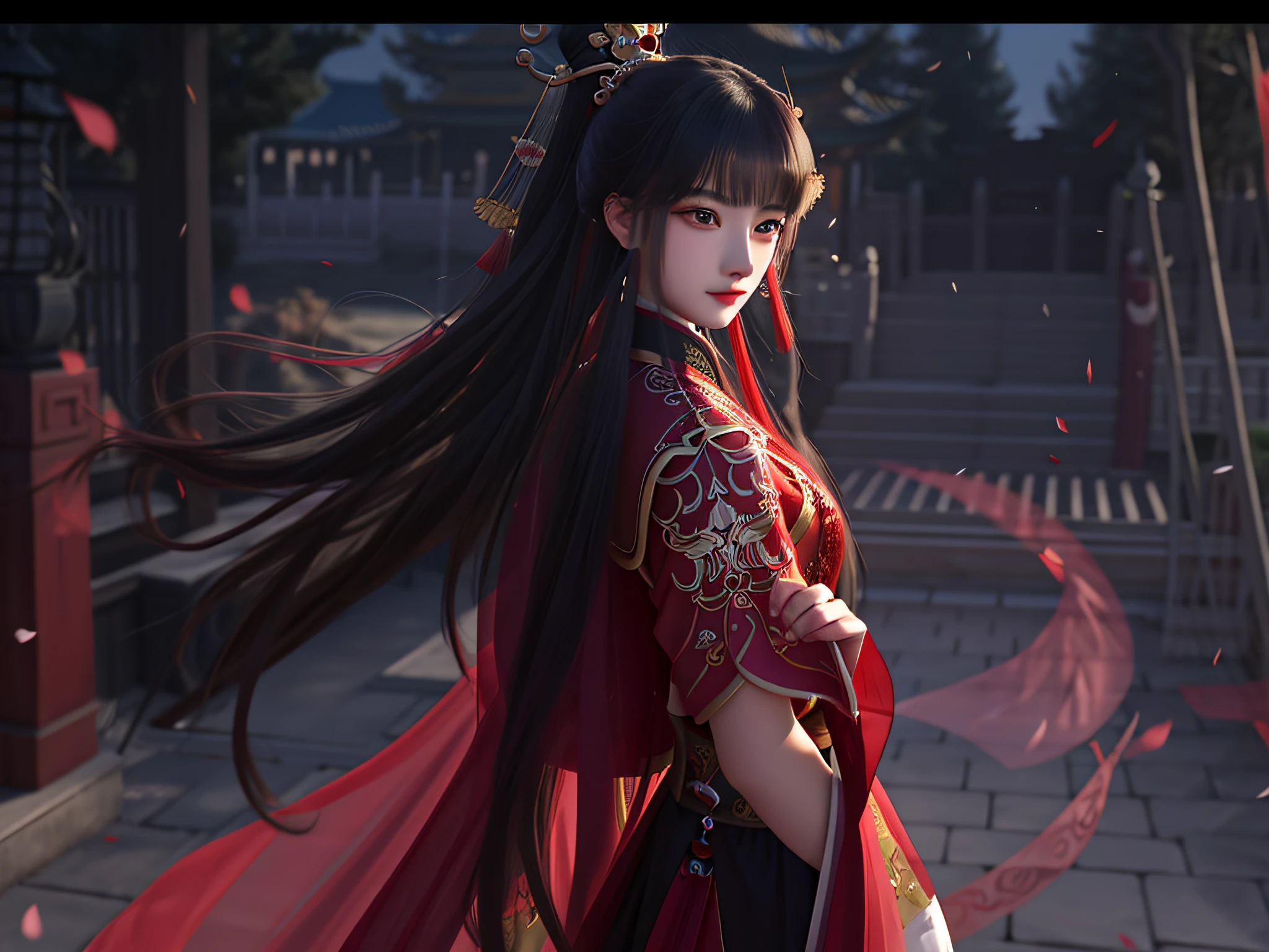 A woman in a red dress stood in front of the gate, Palace ， A girl in Hanfu, by Yang J, xianxia fantasy, trending on cgstation, inspired by Du Qiong, Chinese fantasy, a beautiful fantasy empress, xianxia hero, inspired by Ju Lian, inspired by Zhang Wo, Wuxia, Xianxia, Guviz