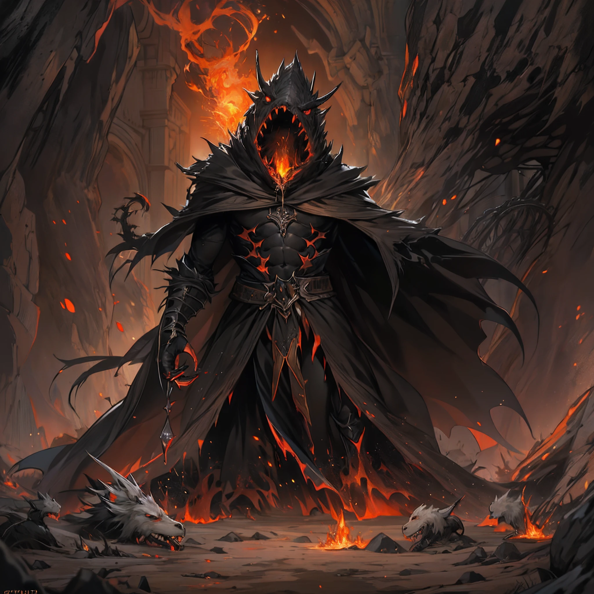ultra detallado, beautiful and aesthetic, Beautiful, obra maestra , misterio , atmospheric , genial , sobrenatural , La mejor calidad , cueva , 1 hombre , 1 demonic monster , monstruo muy grande , Hombre matando monstruo , The man has a long black hooded robe , He can use magic , El monstruo tiene un cuerno muy grande , Monstruo respira hacer fuego , El hombre tiene una gran espada brillante , fantasy sword , 4 Little monster around the big monster , Magma alrededor del campo de batalla , The battlefield is in Cavern , Toda la cuevaa en llamas , La espada del hombre brilla , Acantilado de mayo y roca en Caverna , Caverna en llamas , (Caverna ultra detallada) , (Magma ultra detallado) , (Cara de hombre ultra detallada) , (Espada ultra detallada) , (Monstruo ultra detallado)