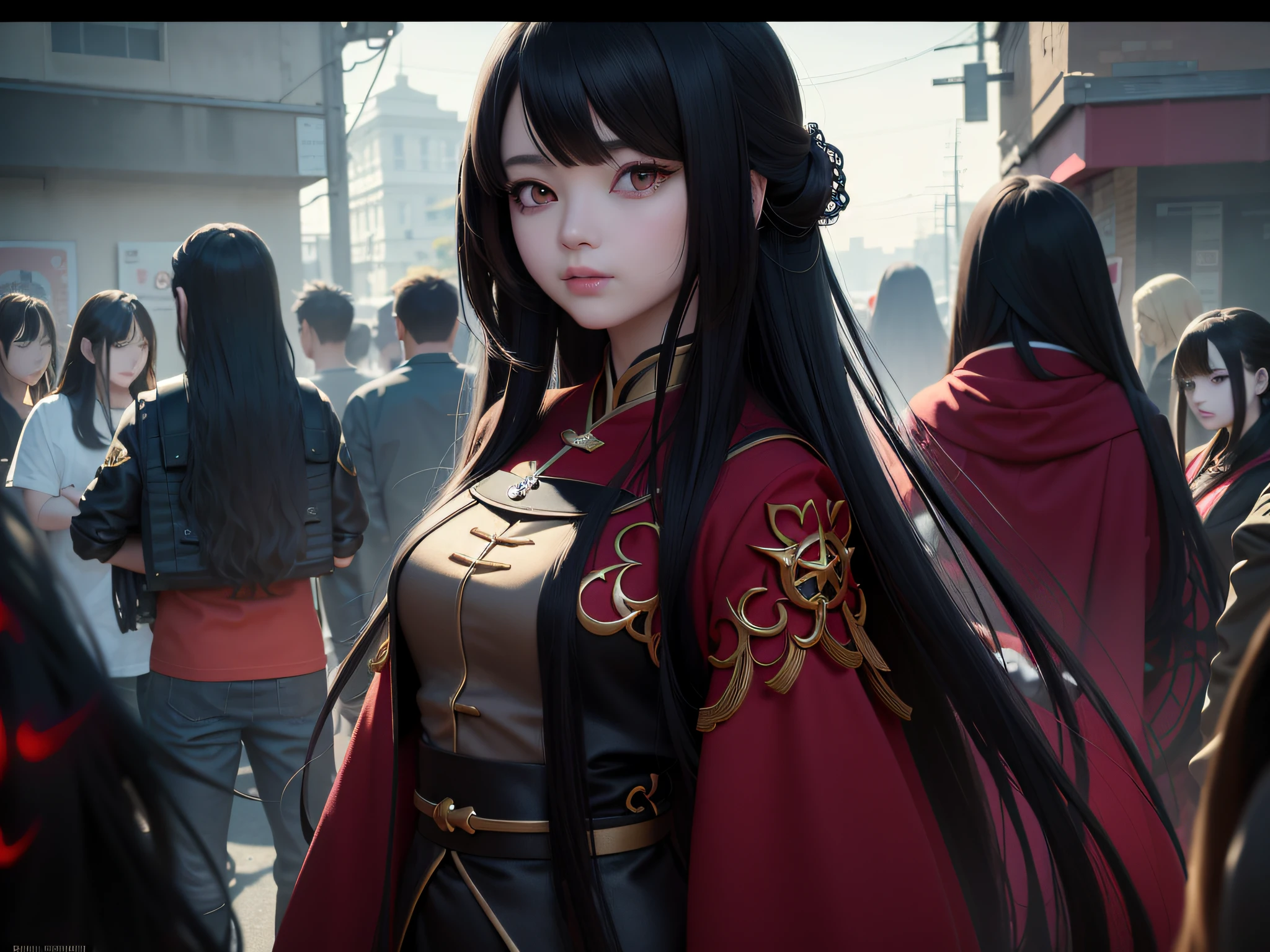 Anime girl with long black hair and red dress in front of a group of men, Guviz, Guviz-style artwork, by Yang J, 2. 5 D CGI anime fantasy artwork, guweiz masterpiece, Detailed digital anime art, Fanart Meilleure ArtStation, inspired by Du Qiong, trending on cgstation, author:Qu Leilei