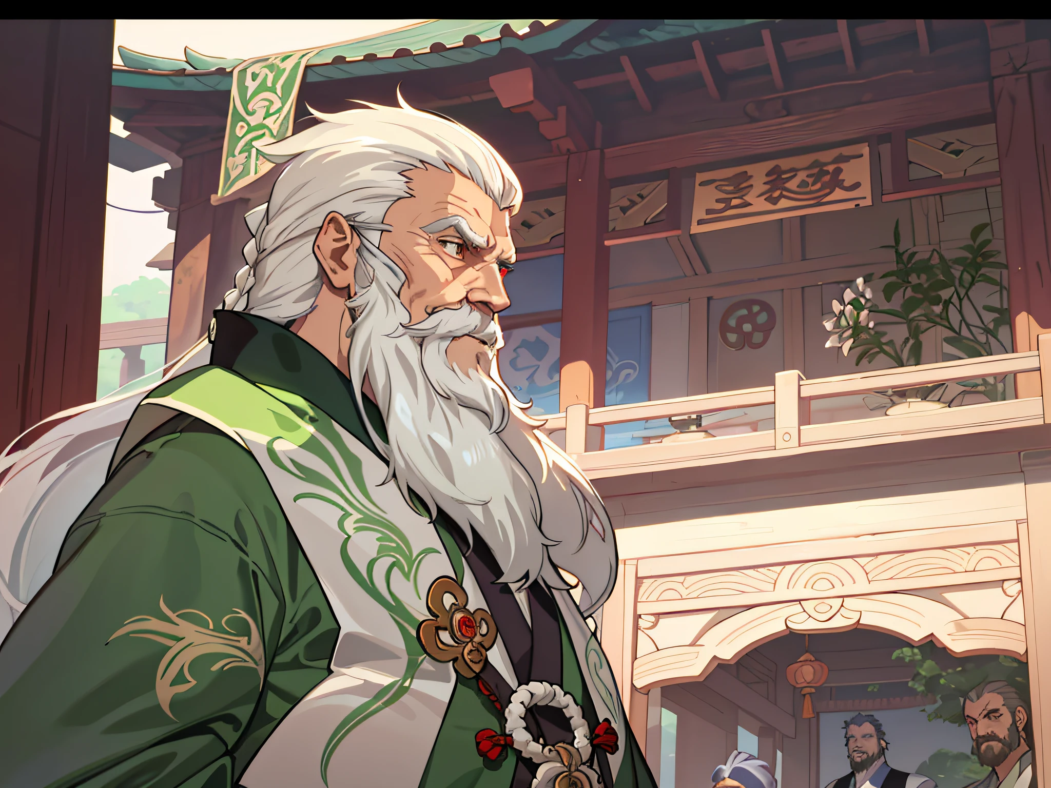 Close-up of a man with a long white beard and a green shirt, Guviz-style artwork, ross tran and bayard wu, krenz cushart and wenjun lin, Alphonse mucha and rossdraws, Keqing from Genshin Impact, zhongli from genshin impact, Onmyoji detailed art