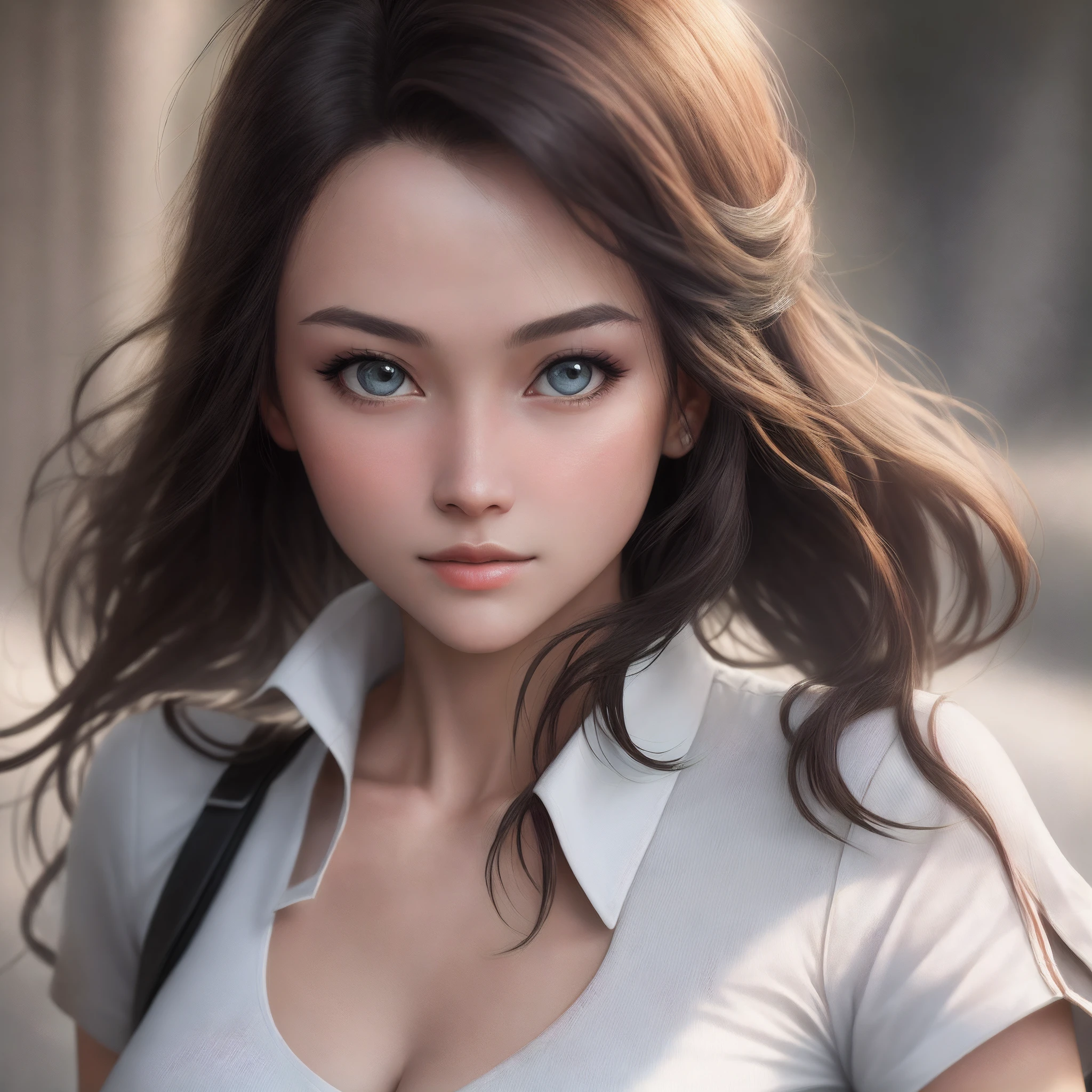 tmasterpiece,delicated,8k, RAW photography, best qualtiy, realisticlying, one-girl, adolable, profesional lighting, physically-based renderingt, tmasterpiece, best qualtiy, k hd, Beds, Kneel, High quality photos, A high resolution, 1080p, Clear face ,Detailed face description,Detailed hand description,Elaborate CG,detailedfacialfeatures, High quality photos,Detailed eye attire, (photograph realistic:1.4), (Ultra photo realsisim:1.4), (realisticlying:1.3), (Smoother lighting:1.05), (increase cinematic lighting quality:0.9), 32K, 1girll,20岁女孩,realistic illumination,The light from the back window is backlighted,light in face,Ray traching,(Brighten light:1.2),(enchanced quality:1.4), (Best quality real textured skin:1.4),Fine Detailed Eyes,finerly detailed face,finely quality eyes,closeup of face,tee shirt,closeup cleavage, (Increased Body Line Mood:1.1),(Increases skin texture and beauty:1.1),blacksilk,white shirt,high-heels