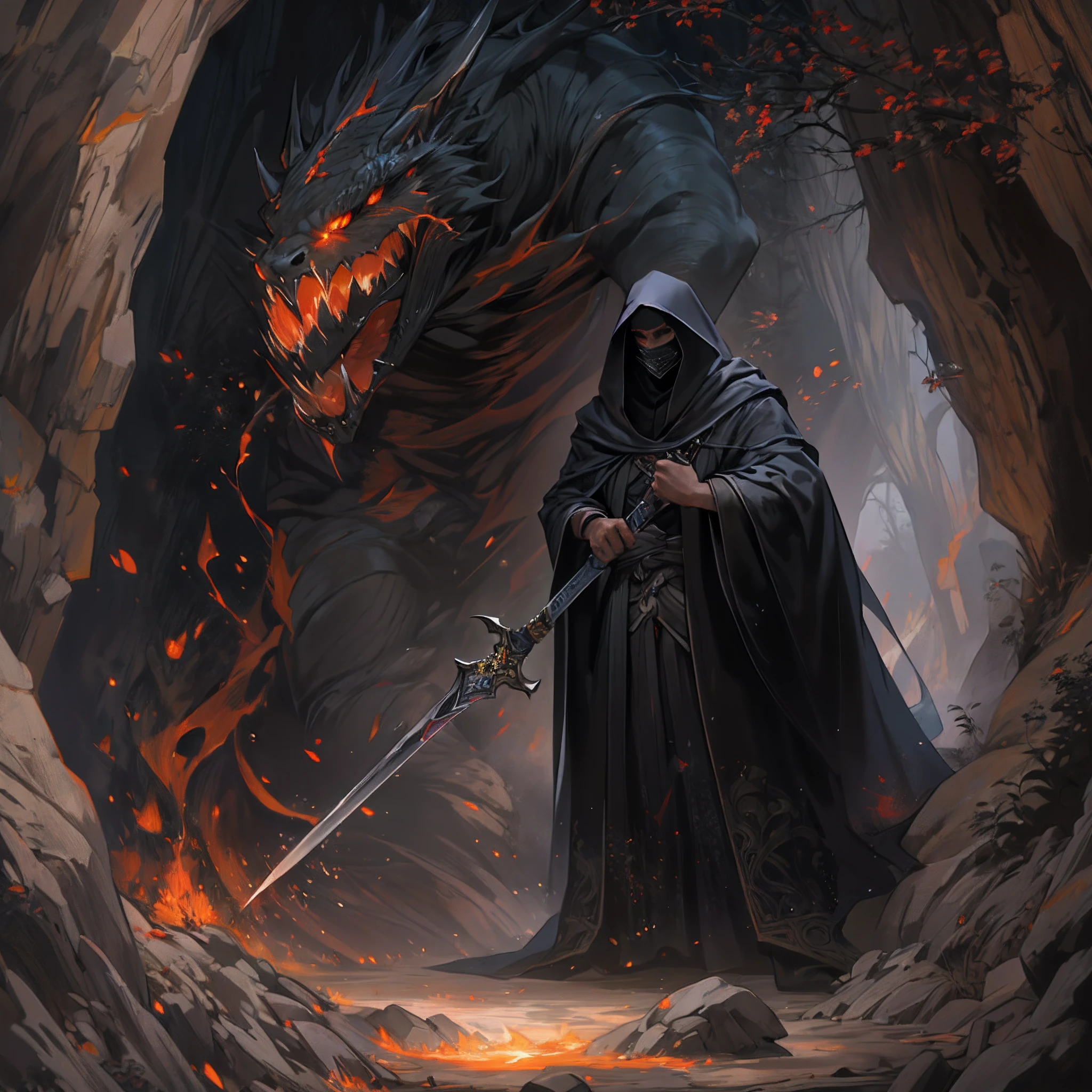 ultra detallado, beautiful and aesthetic, Beautiful, obra maestra , misterio , atmospheric , genial , sobrenatural , La mejor calidad , cueva , 1 hombre , 1 demonic monster , monstruo muy grande , Hombre matando monstruo , The man has a long black hooded robe , He can use magic , El monstruo tiene un cuerno muy grande , Monstruo respira hacer fuego ,  El hombre tiene una gran espada brillante , fantasy sword , 4 Little monster around the big monster , Magma alrededor del campo de batalla , The battlefield is in Cavern , Toda la cuevaa en llamas , La espada del hombre brilla , Acantilado de mayo y roca en Caverna , Caverna en llamas , (Caverna ultra detallada) , (Magma ultra detallado) , (Cara de hombre ultra detallada) , (Espada ultra detallada) , (Monstruo ultra detallado)