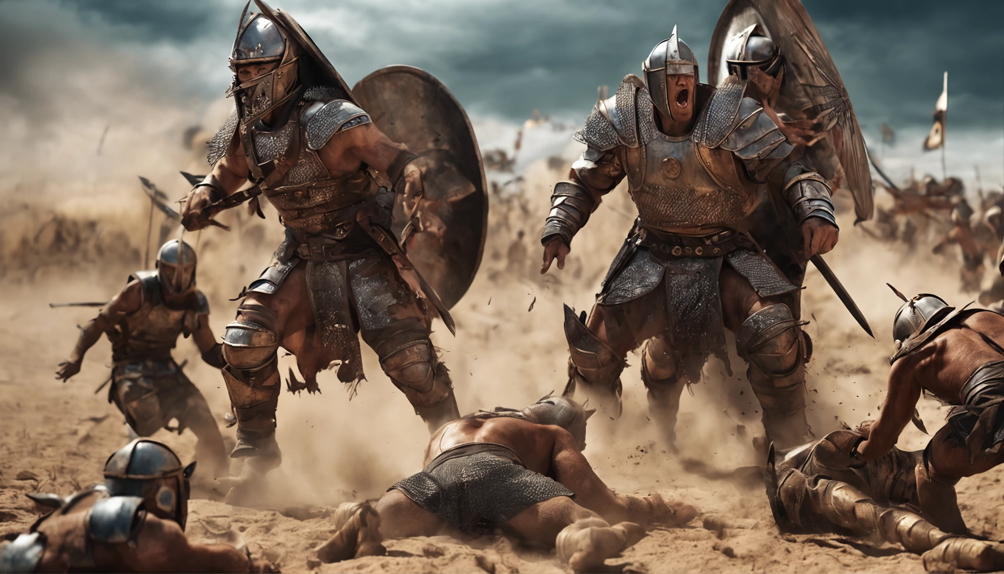 Warriors in metal armor kill Goliath and several soldiers around him with a sling