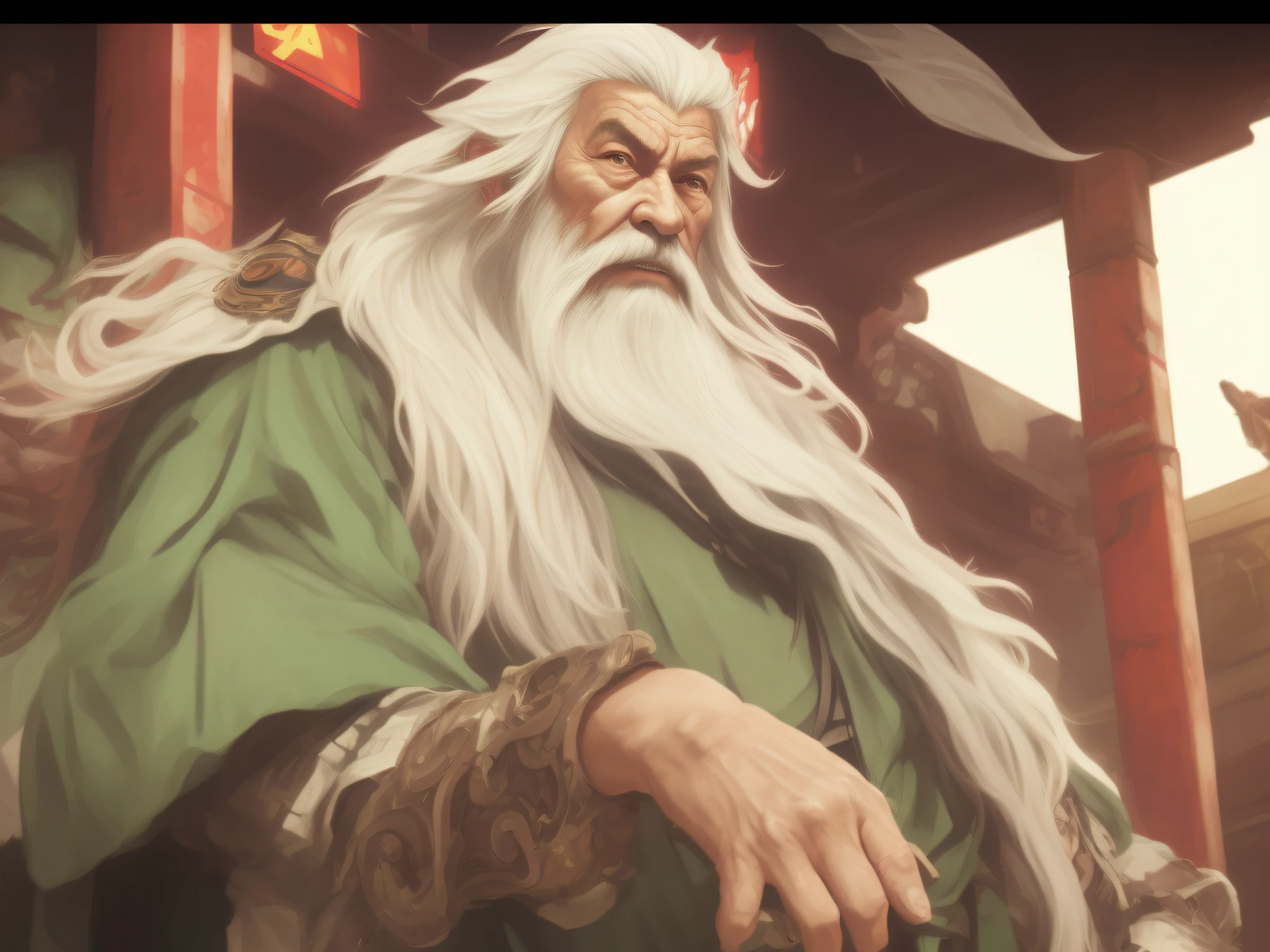 A close-up of a man with a long white beard, zhongli from genshin impact, Keqing from Genshin Impact, Alphonse mucha and rossdraws, Genshin impact's character, Guan yu, bian lian, Onmyoji detailed art, guilty gear strive graphics, Inspired by Hu Zaobin, Inspired by Huang Shen, ross tran and bayard wu