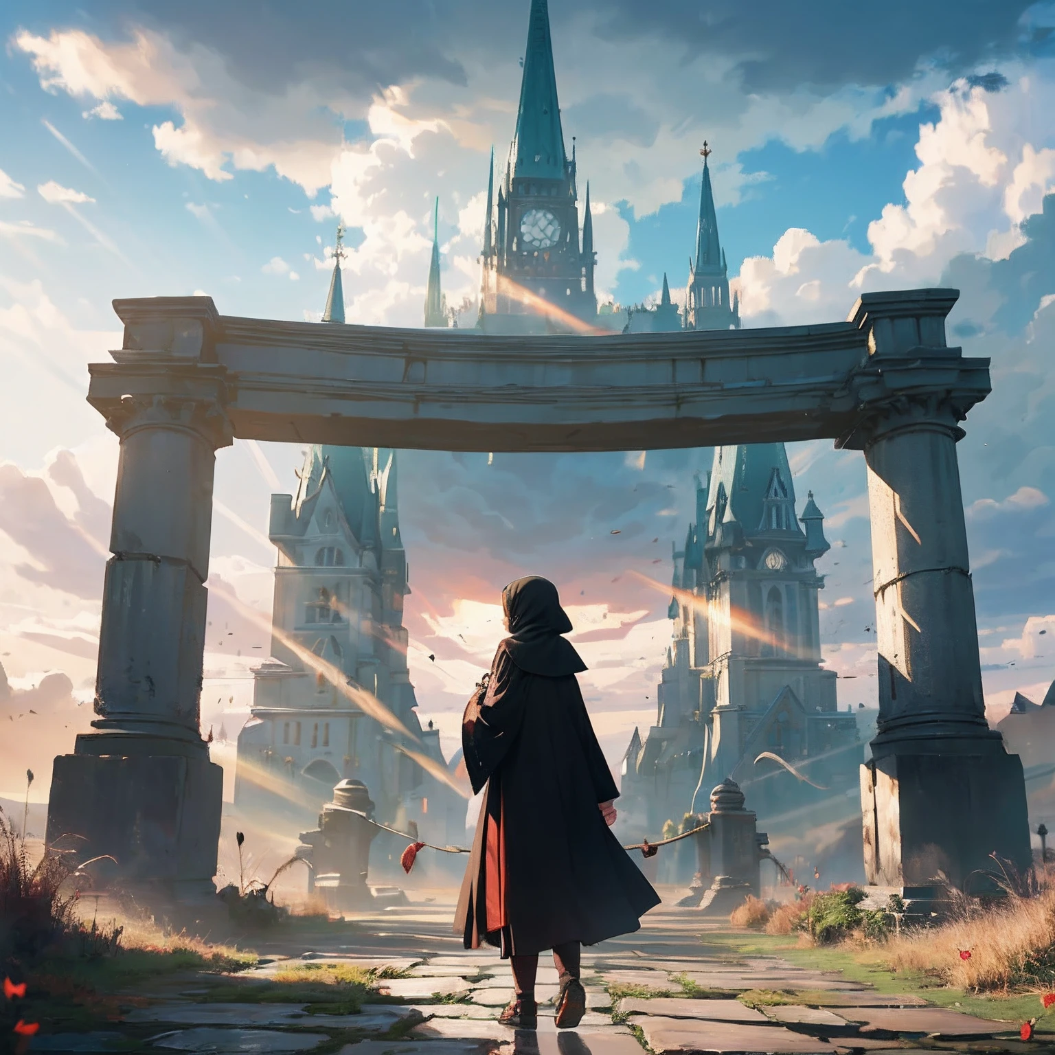 ((Best Quality, 8K, Masterpiece: 1.3)), landscape, morning shoot, slow speed, standing young girl with black hijab, in hogwart school setup, look at the camera, amazing scenery, Morning view with sun ray. Gryffindor student, wearing Gryffindor Robe, she smiling looking at the sky while holding a beg.