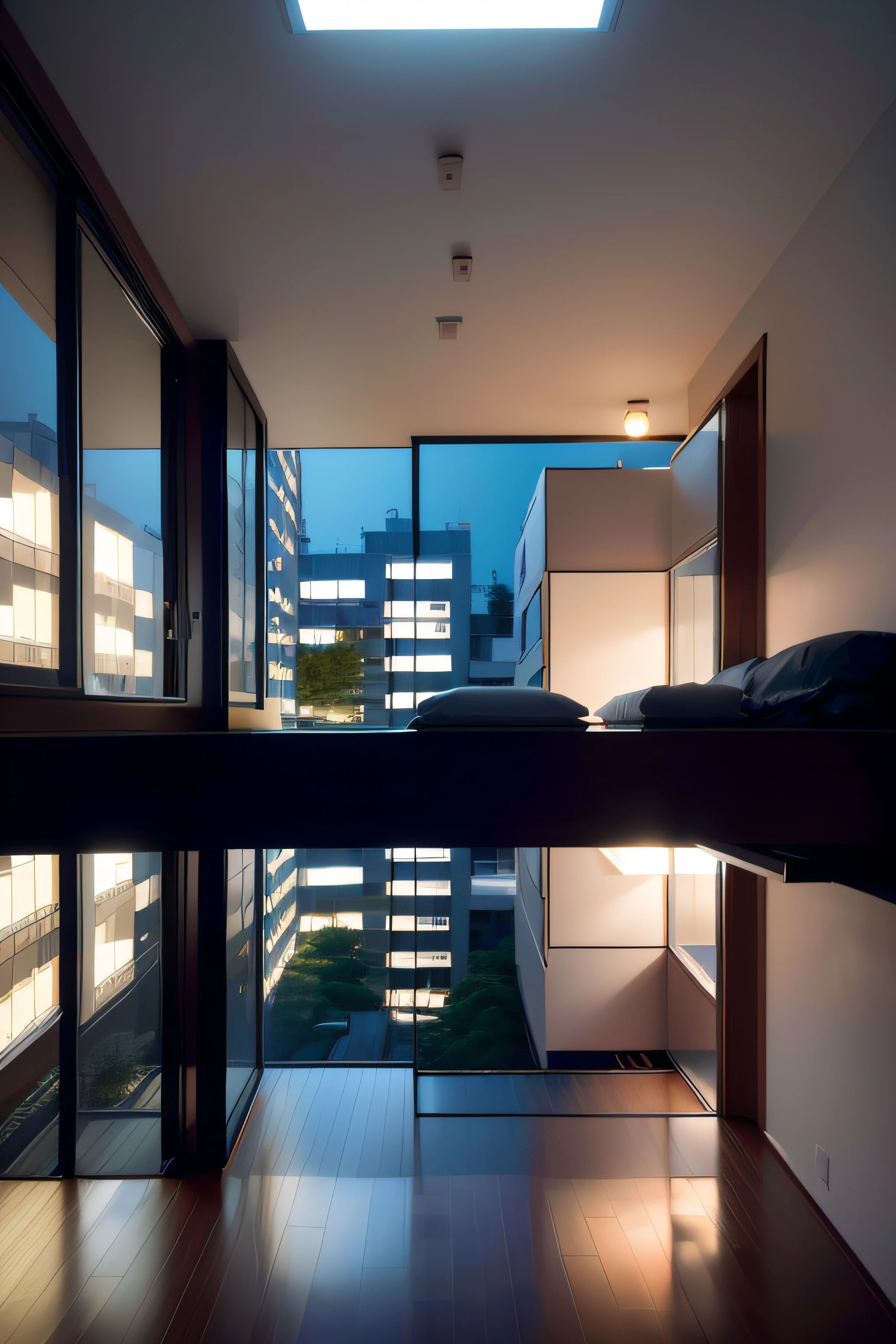 room with window,Great view of the city, in a japanese apartment, inside a modern apartment, small room in tokyo, arhitectural shot, large windows to forest at night, interior architecture view, capsule hotel, city apartment, arhitectural shot, Vertical architecture, The tall windows are lit,