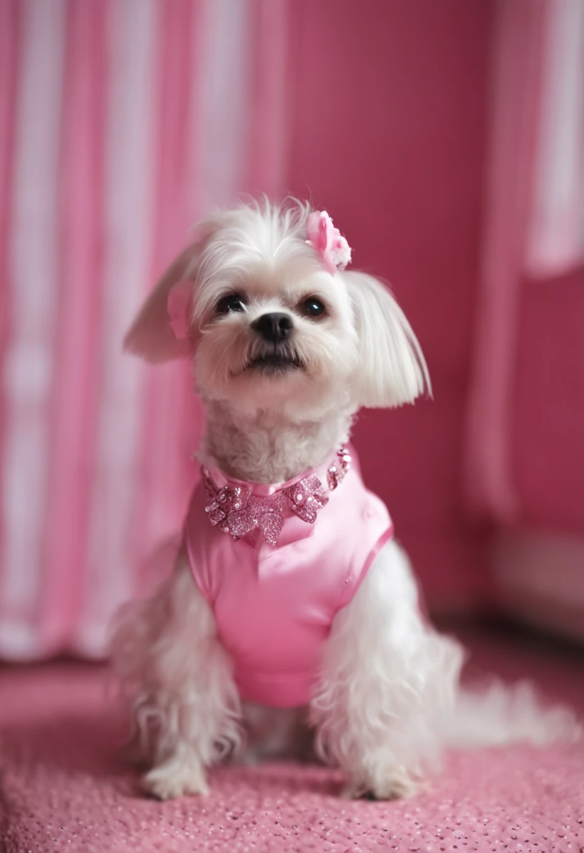 There is a white dog wearing a pink dress and a bow, small white dog at her side, wearing pink hair bow, Gato branco em um vestido rosa, bonito, em um vestido extravagante, maltes, foto de closeup, branco e rosa, usando um tutu rosa, Dog cute, mulher bonito, vestida de bailarina, Miko, wearing a pink head band, realistic animation style