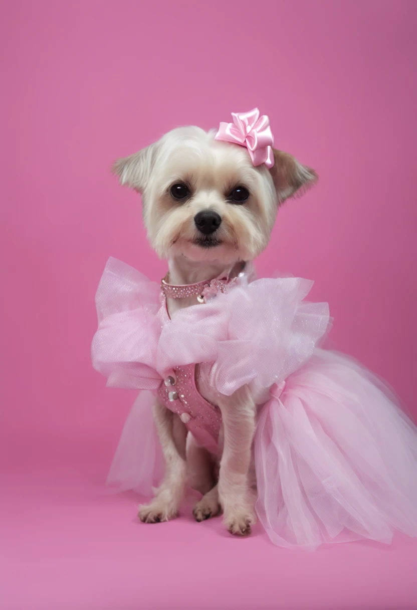 There is a white dog wearing a pink dress and a bow, small white dog at her side, wearing pink hair bow, Gato branco em um vestido rosa, bonito, em um vestido extravagante, maltes, foto de closeup, branco e rosa, usando um tutu rosa, Dog cute, mulher bonito, vestida de bailarina, Miko, wearing a pink head band, realistic animation style
