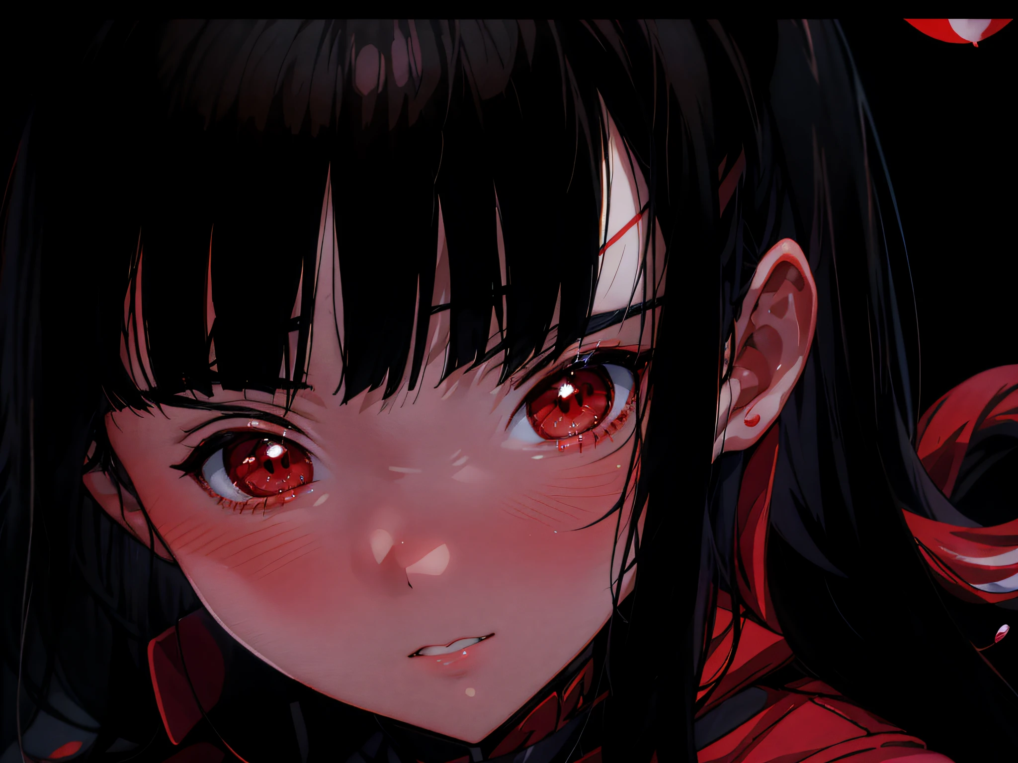 Anime girl with black hair and red eyes staring at the camera, junji ito 4 k, screenshot from guro anime, satoshi kon artstyle, style of satoshi kon, inspired by Satoshi Kon, satoshi kon anime, fully red eyes, with red glowing eyes, Kuvshinov Ilya, intense watery glowing red eyes, red - eyed