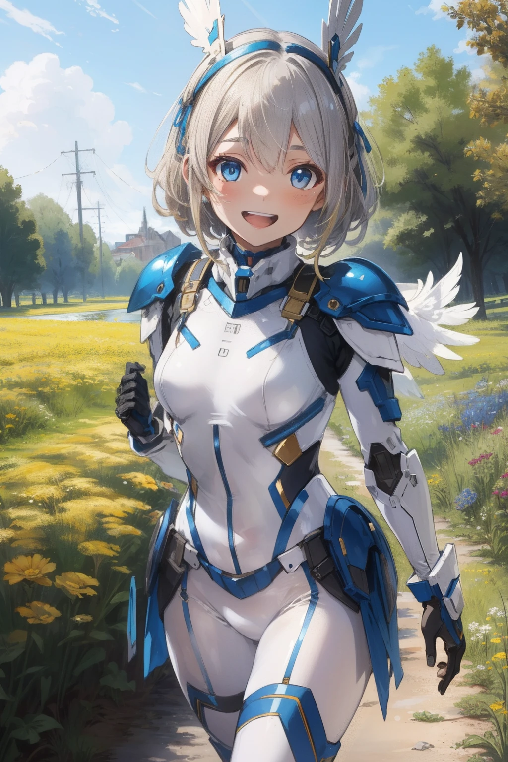 (​master piece, Best Quality),  Intricate details, valkyrie, Happy smile, (((Laugh))), Hand up, Looking at Viewer, Feather Headgear, flower meadow, 
1 girl in, Solo, Portrait, Tentacle plutinum blonde hair, single thighhigh, white Independent single sleeve, gloves,
 mecha musume, Droid, mechs, White bodysuit, Silver Reinforced Suit, mini FEATHER wings, silver pantyhose, full armor,