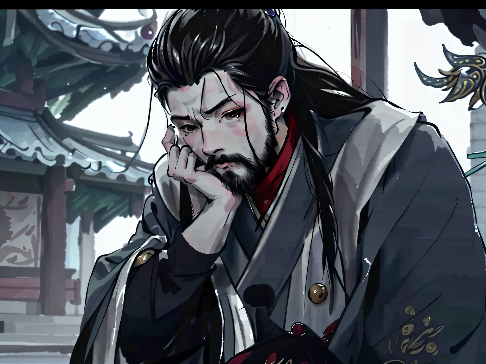 A close-up of a man with long hair and a beard, inspired by Wu Daozi, bian lian, Inspired by Cao Zhibai, handsome guy in demon killer art, 《overwatch》Hanzo in Naka, chinese three kingdoms, inspired by Li Gonglin, heise jinyao, inspired by Zhao Mengfu, Guan yu, inspired by Wu Zuoren