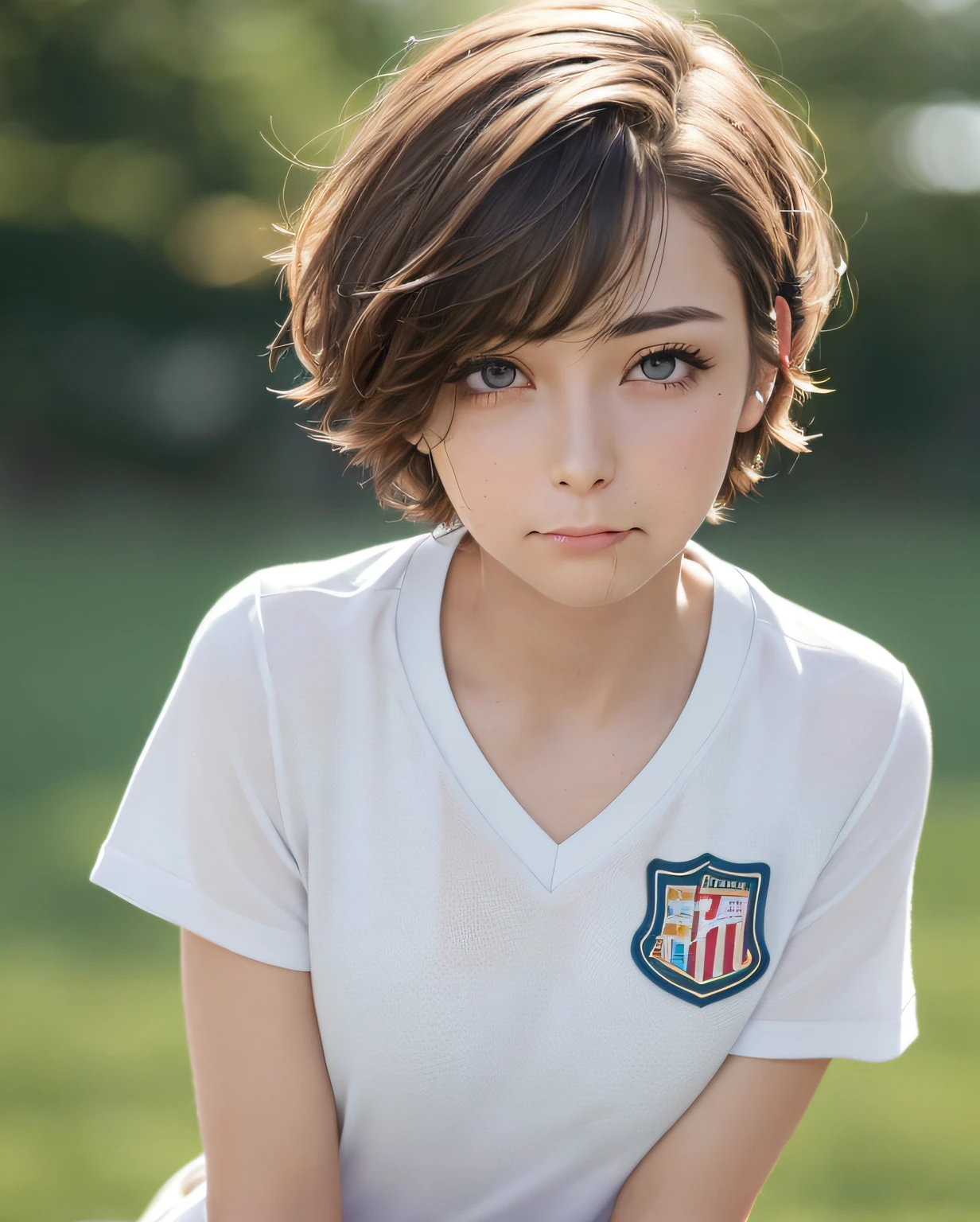 Best Quality, Photorealistic, 8K, hight resolution, fulcolor, girl with, 20yr old female, (Closed mouth:1.73), fulcolor, Looking at Viewer:1.8, (1girl eyes looking at viewer:1.55), (Short hair, brawn hair, parted hair:1.45), (Bokeh),Soccer Uniforms,Smaller chest,Thin leg,