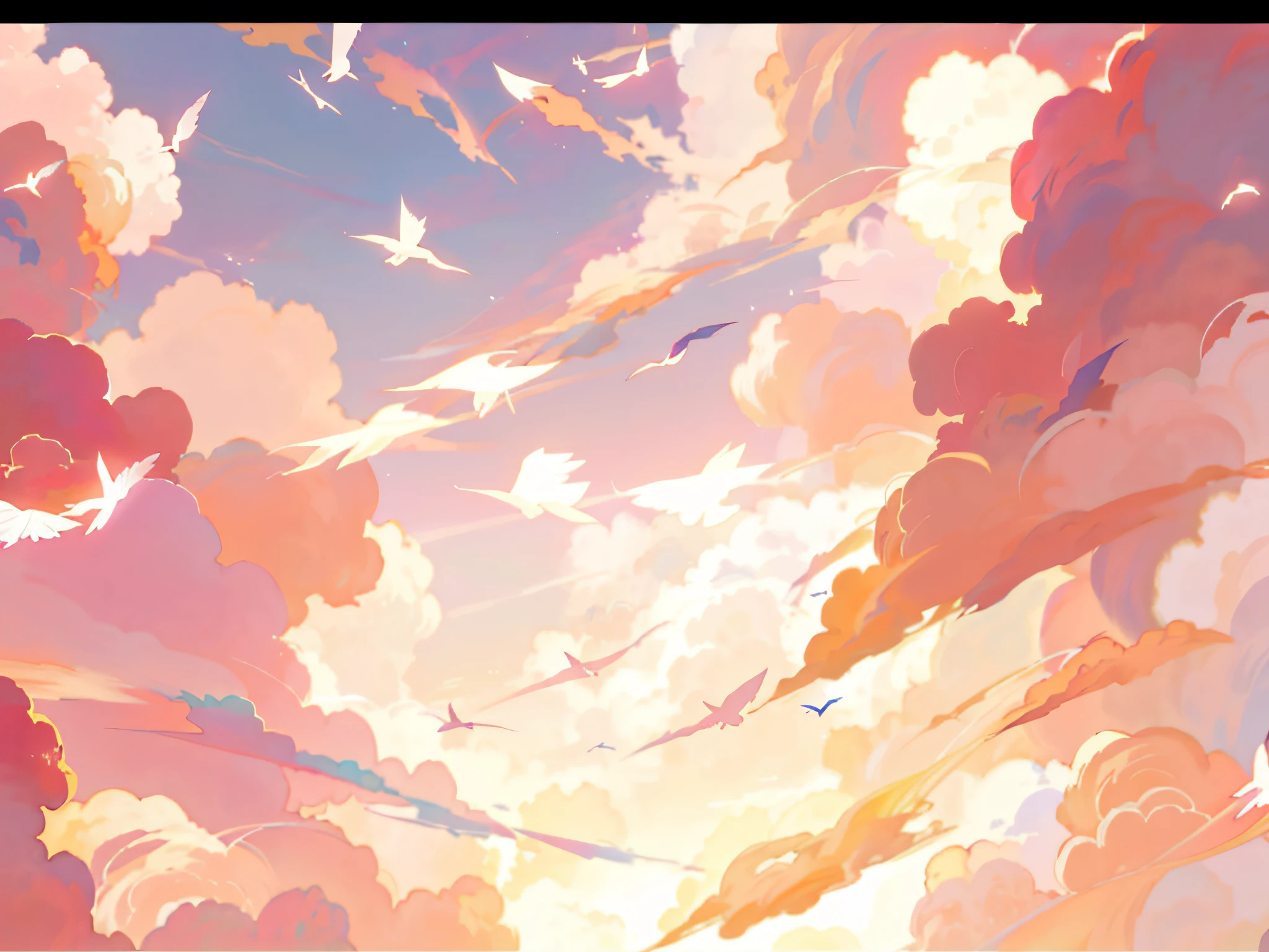 Anime - Beautiful sky with a flock of birds flying in the sky style scene, fluffy pink anime clouds, Anime Cloud, Anime Sky, beautiful anime scenes, anime beautiful peace scene, beautifull puffy clouds. anime big breast, anime backgrounds, dreamy psychedelic anime, Cosmos Sky. By Makoto Shinkai, Anime background art, beautiful anime scenery