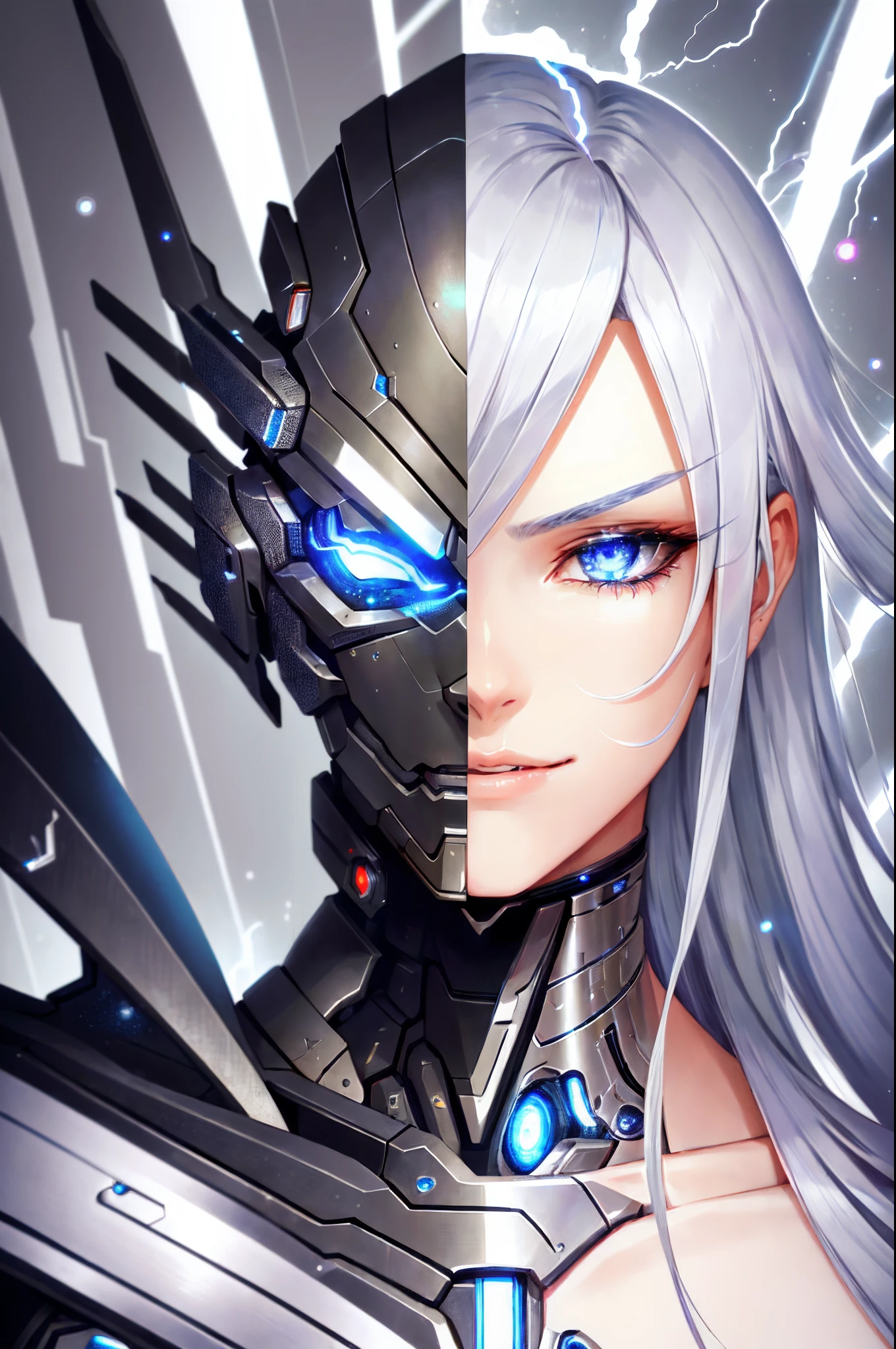(Masterpiece), (best quality), 8k portrait of beautiful cyborg with silver hair accompanied by black cyborg puma, intricate, elegant, highly detailed, majestic, digital photography, floating droplets, mist, lightning, (masterpiece, finely detailed beautiful eyes: 1.2),