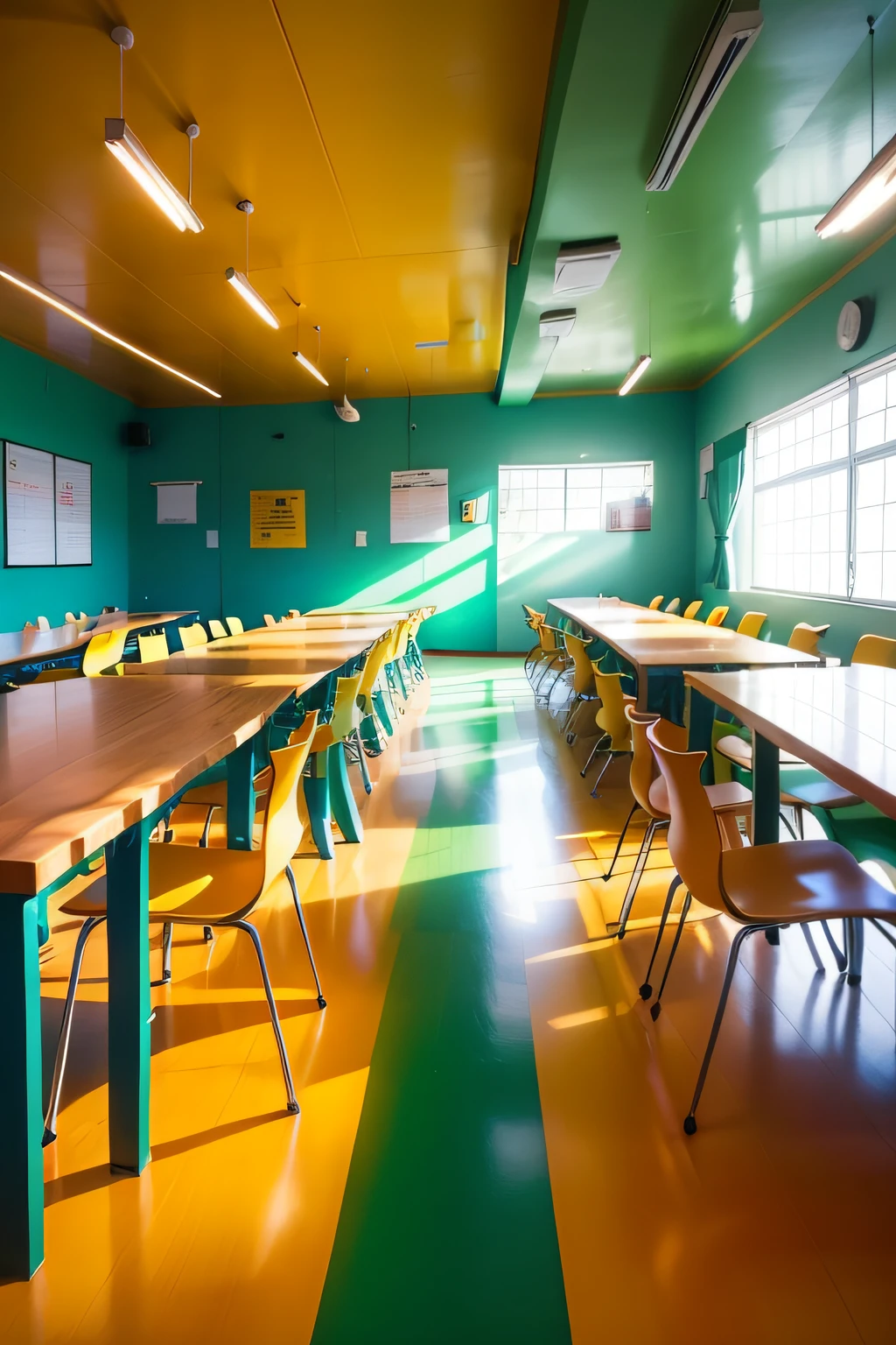 Sala de aula vazia com palheta de cores tendendo ao amarelo, estilo similar ao cartoon